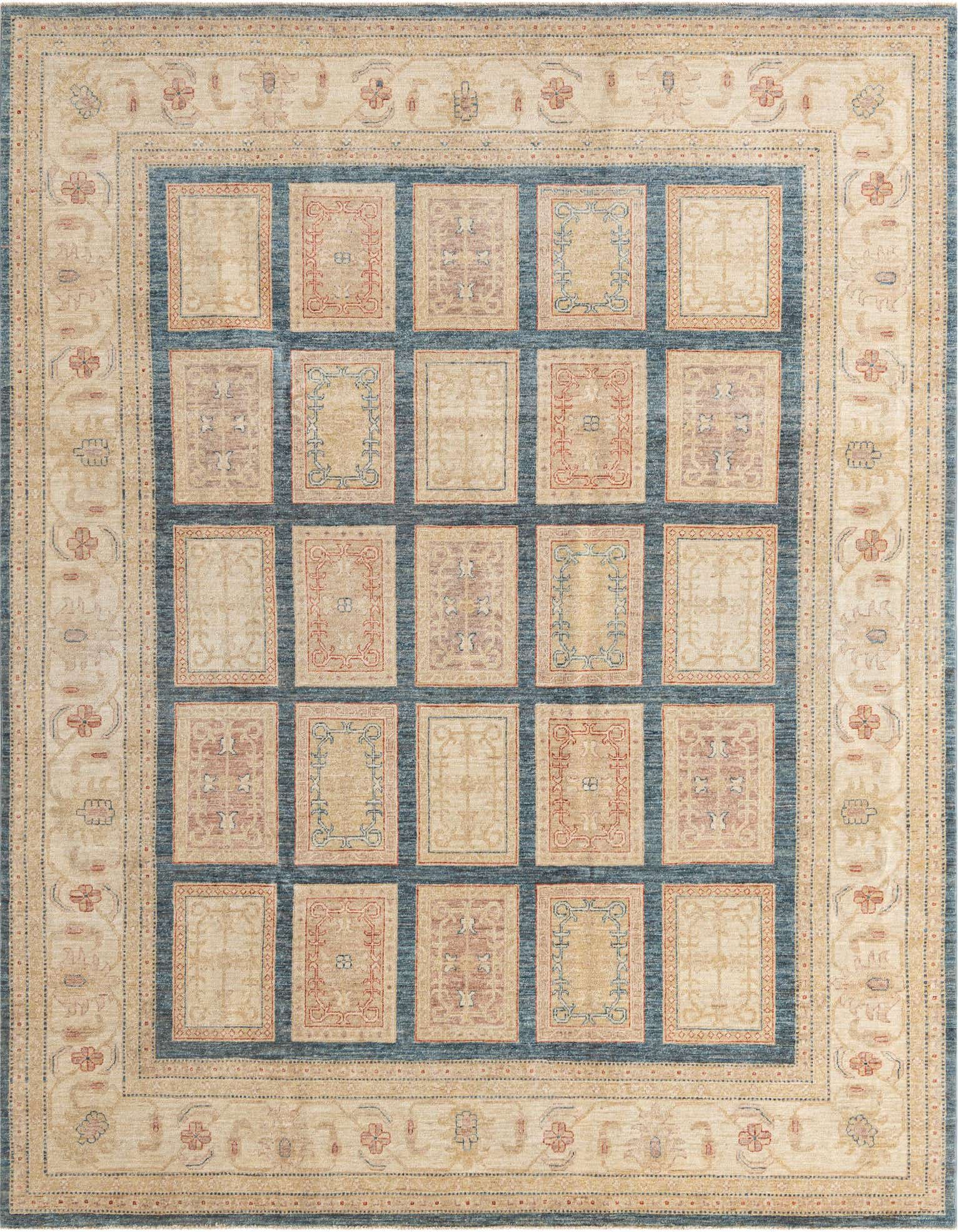 An 8x10 rectangular Ariana Ziegler rug featuring a traditional Oriental pattern with a blue grid over a beige field, accented by red and light blue motifs.