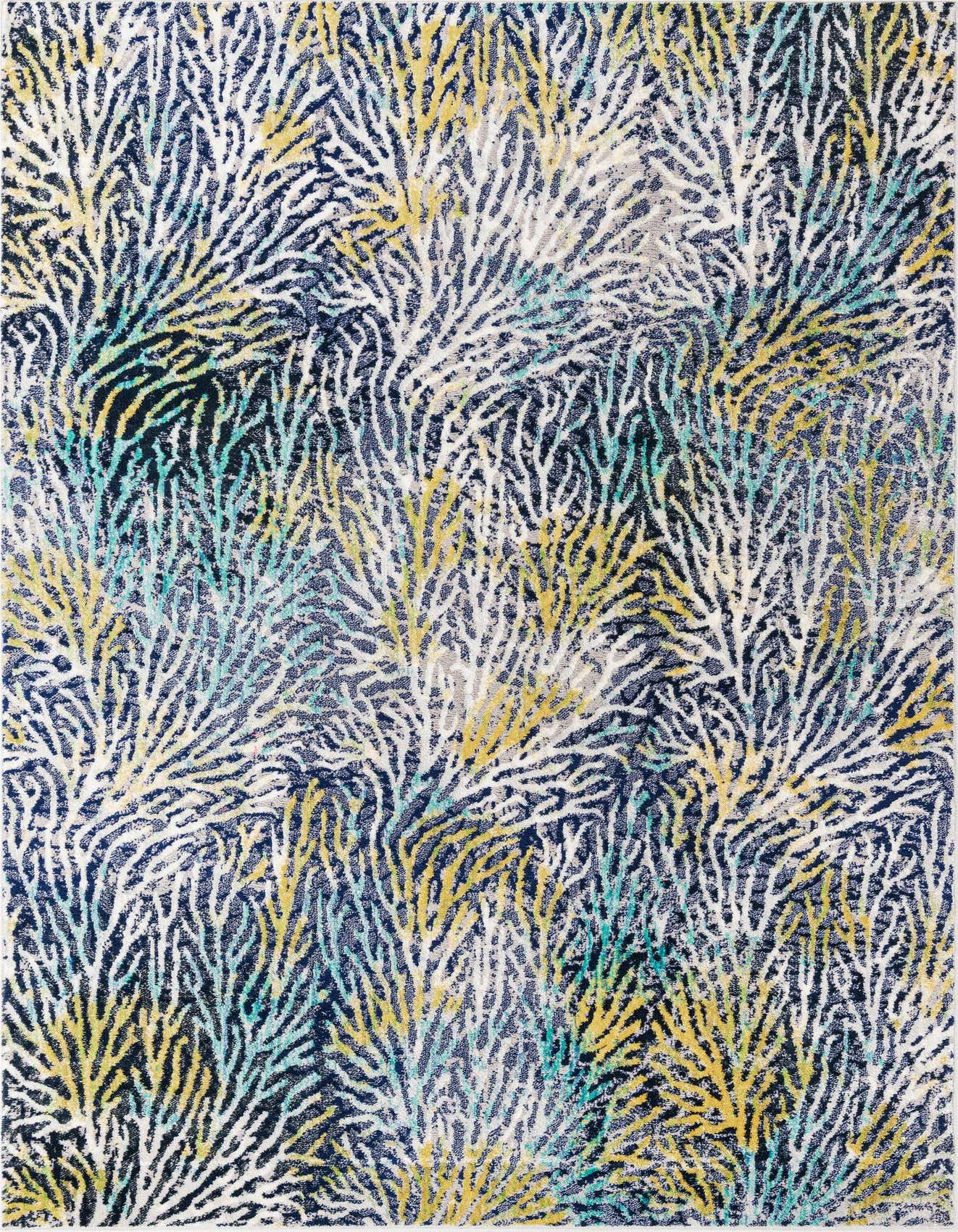 A 6x9 rectangular blue area rug featuring a modern coral reef pattern in white, yellow, and teal.