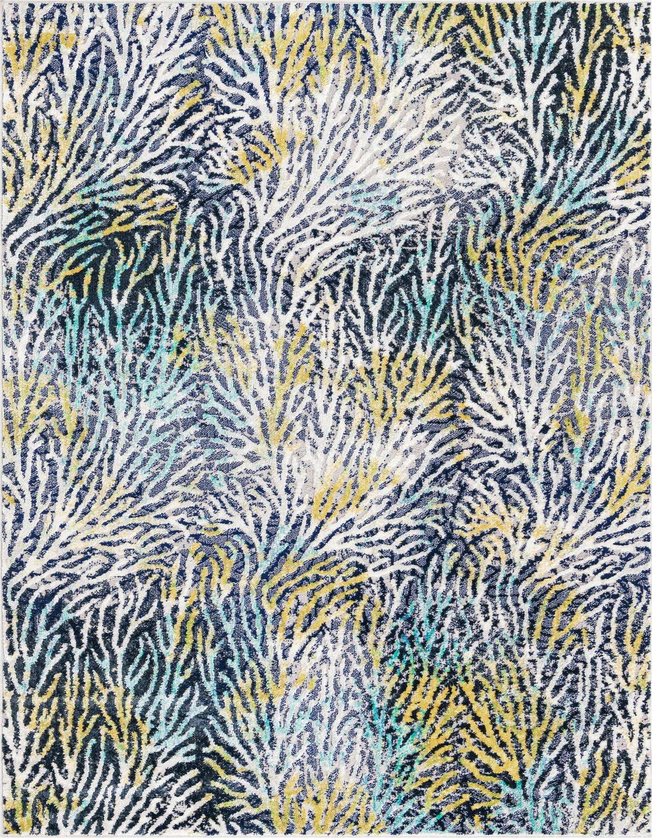 A 5x8 rectangular area rug featuring a modern coral reef pattern in white, yellow, and teal against a dark blue background, ideal for a living room.