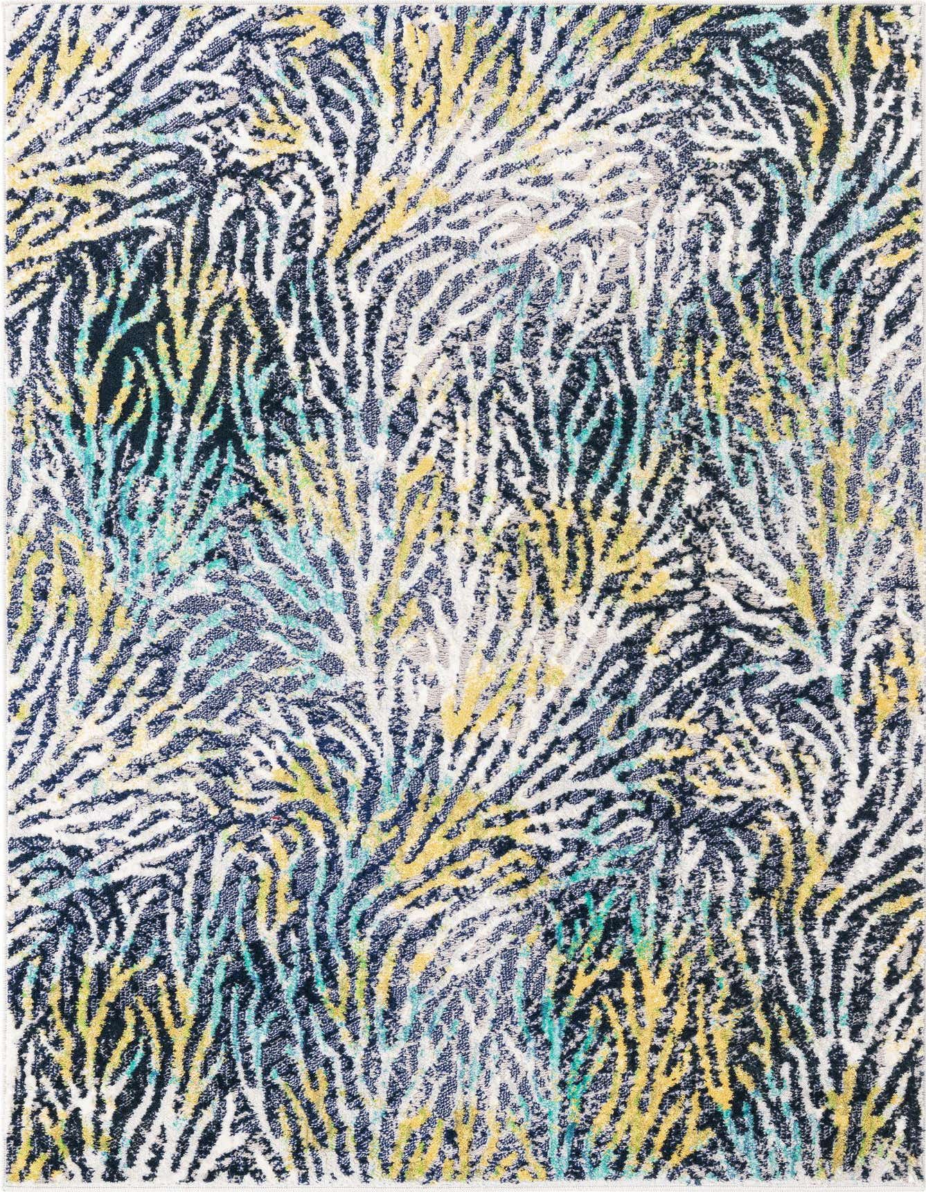A 4x6 rectangular Ariel rug with a modern floral pattern in shades of blue, white, yellow, and teal.