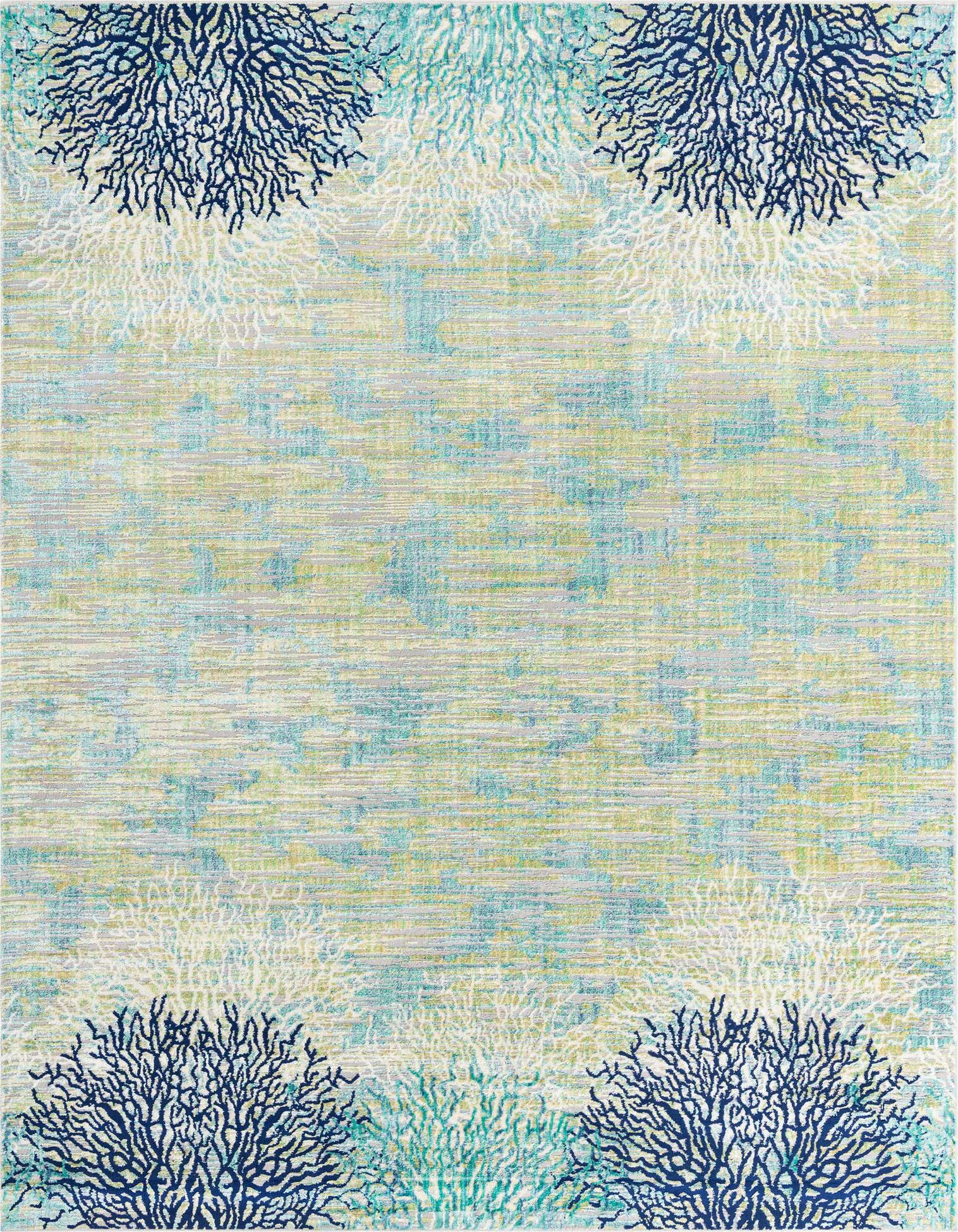 A 9x12 rectangular rug featuring a modern coral pattern in shades of blue, teal, and white on a textured light blue and green background.