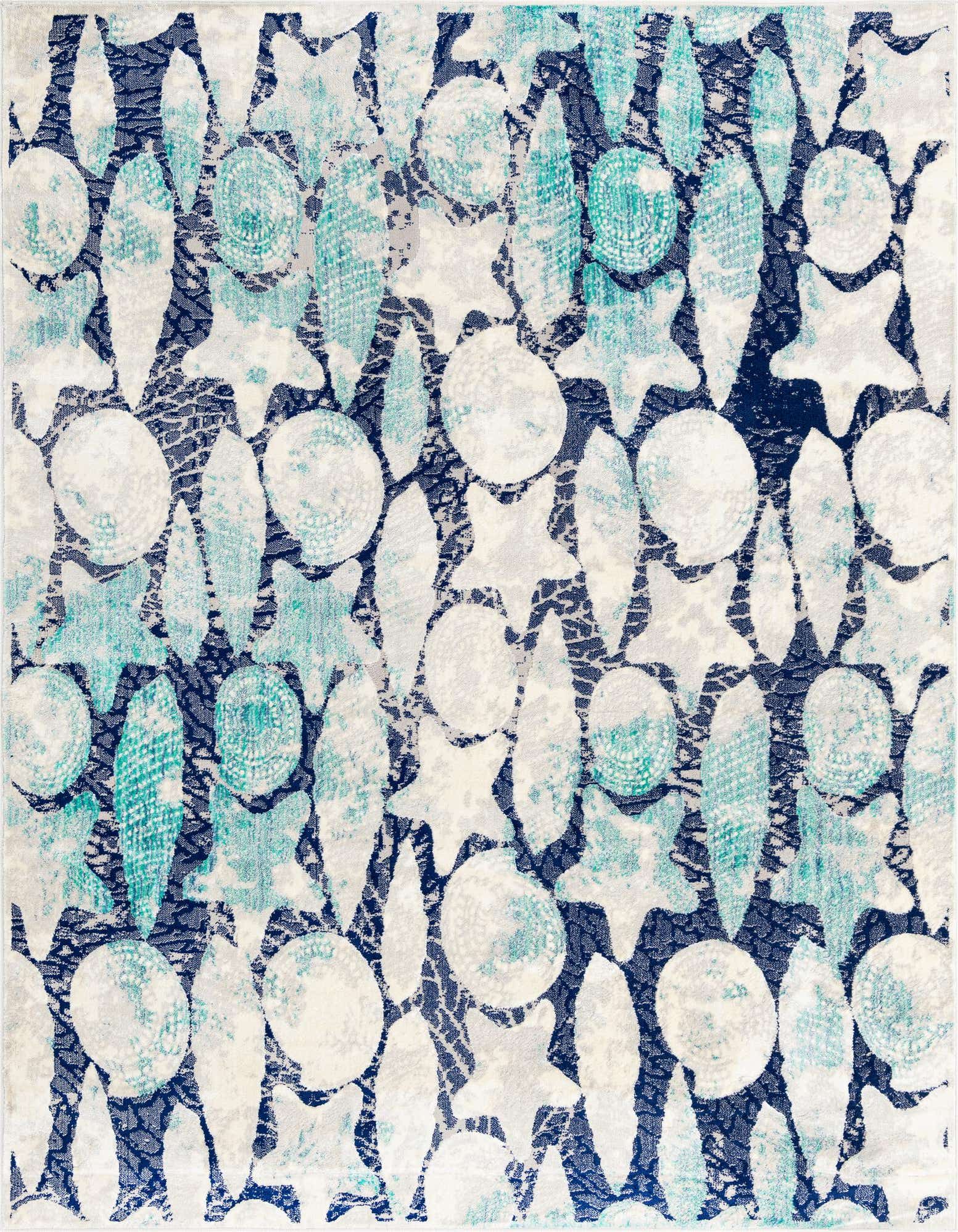 A rectangular 8x10 blue modern rug with a vintage-inspired floral pattern in shades of white, light blue, and teal.