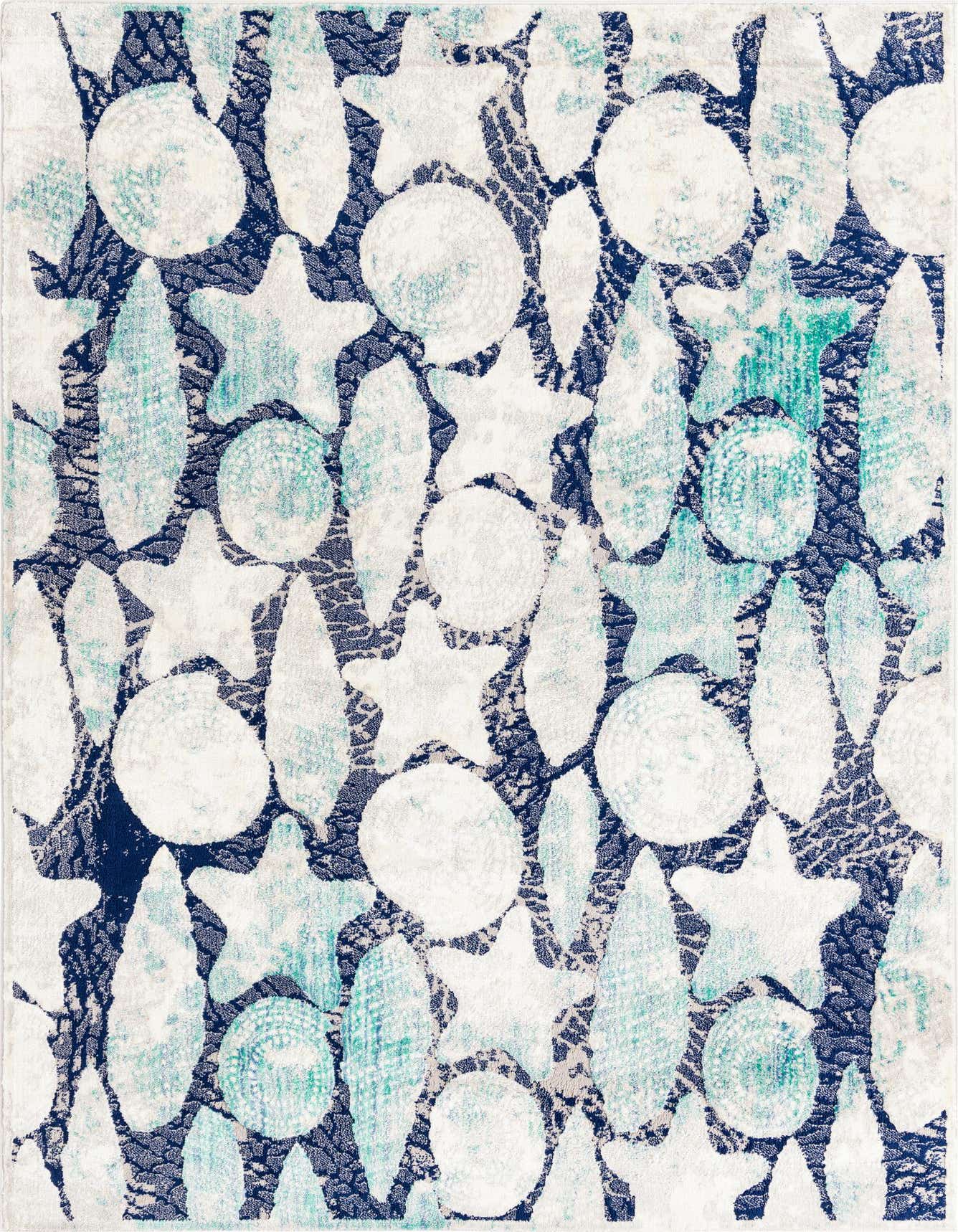 A 6x9 rectangular blue modern rug with a vintage floral pattern, featuring textured white and teal shapes.