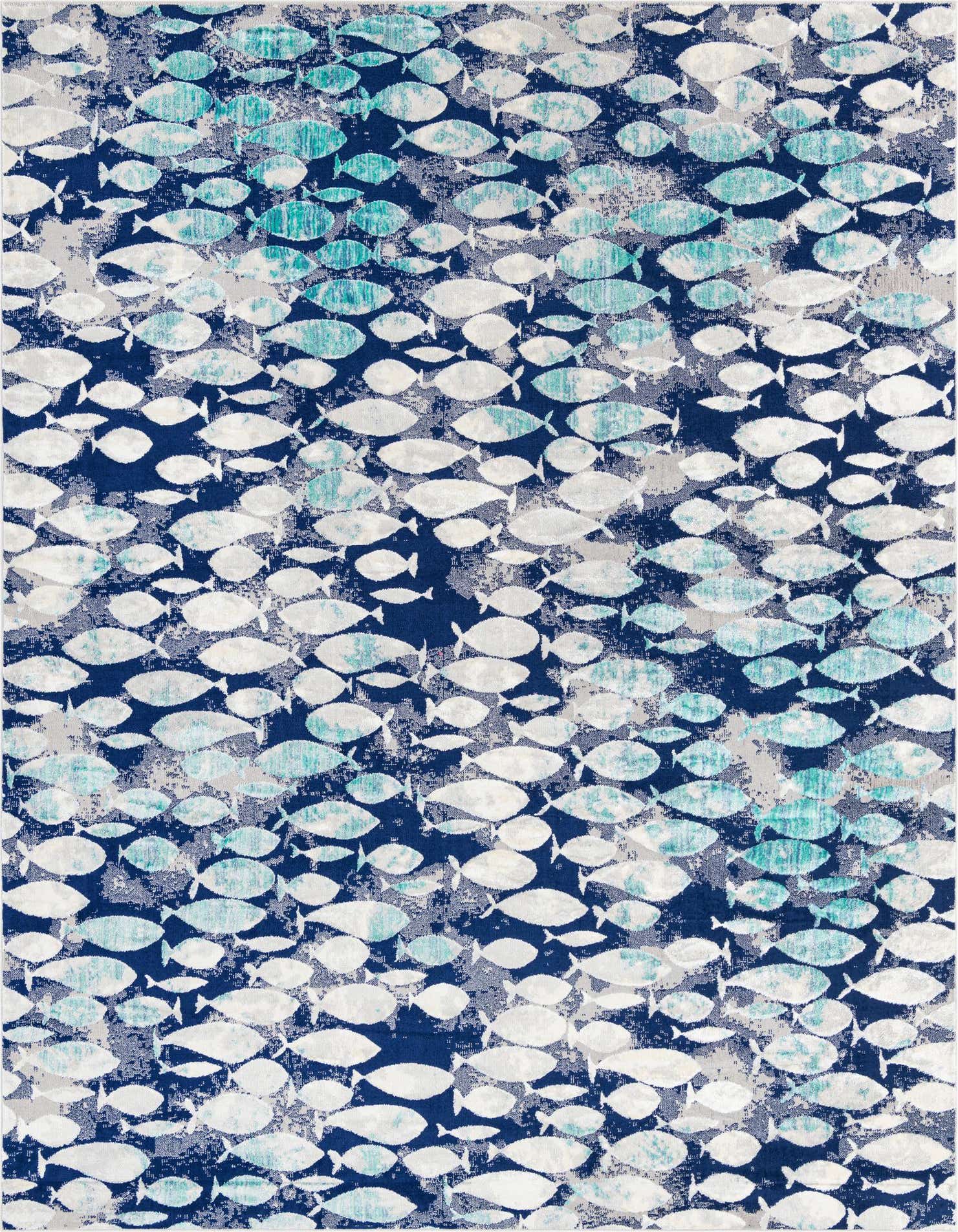 A 9x12 rectangular area rug with a modern vintage fish pattern in shades of blue, teal, and white.