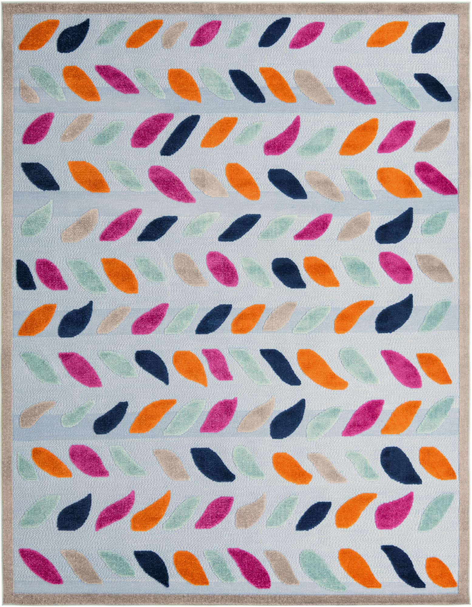 A 9x12 rectangular Aruba Outdoor rug featuring a vibrant, multi-color leaf pattern on a light blue background with a beige border.