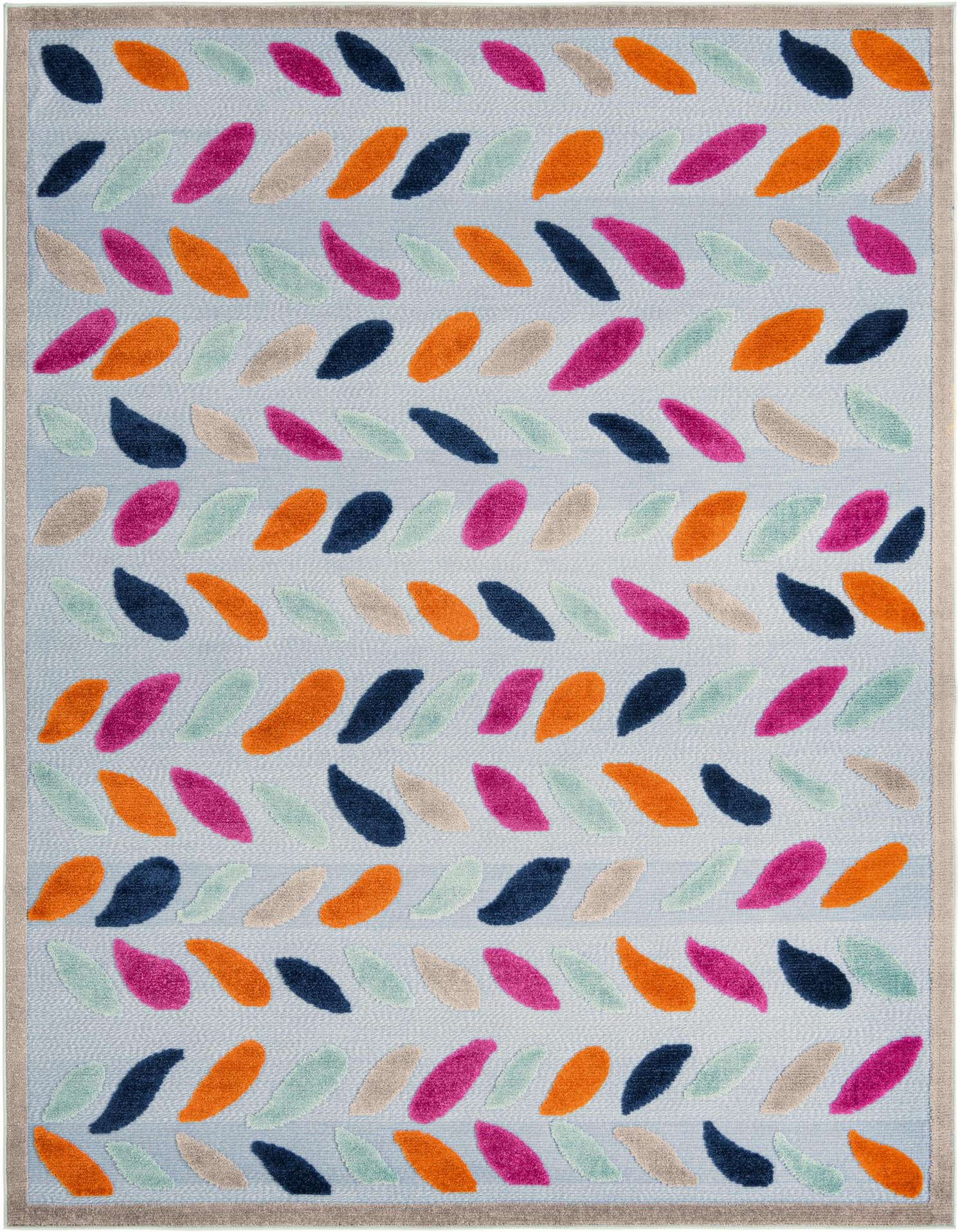 A 7x10 rectangular blue indoor/outdoor rug with a vibrant bohemian leaf pattern in orange, hot pink, navy, mint, and beige, framed by a neutral border.