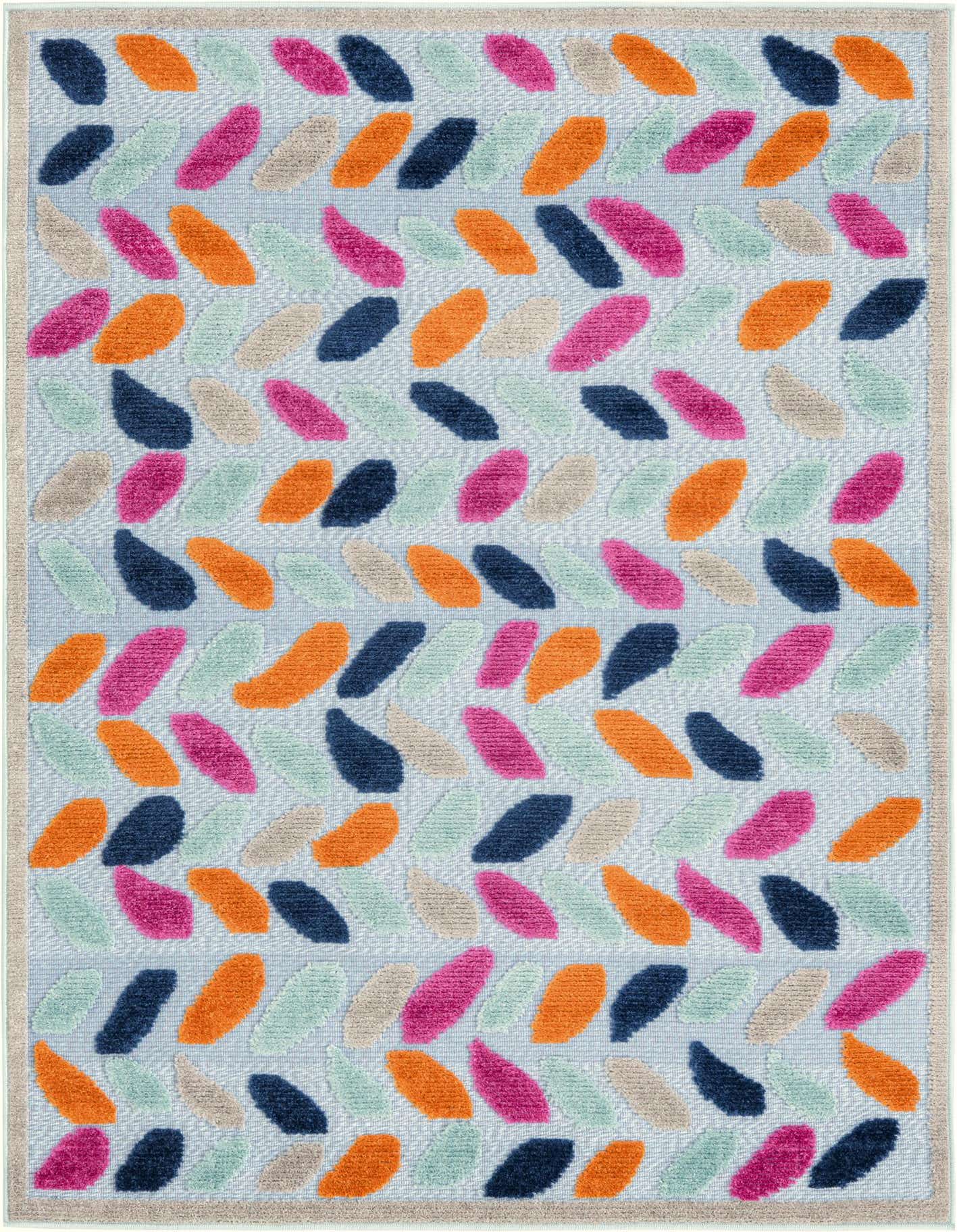 A 4x6 rectangular indoor/outdoor rug with a light blue background and a vibrant, textured leaf pattern in orange, hot pink, navy, mint green, and beige.