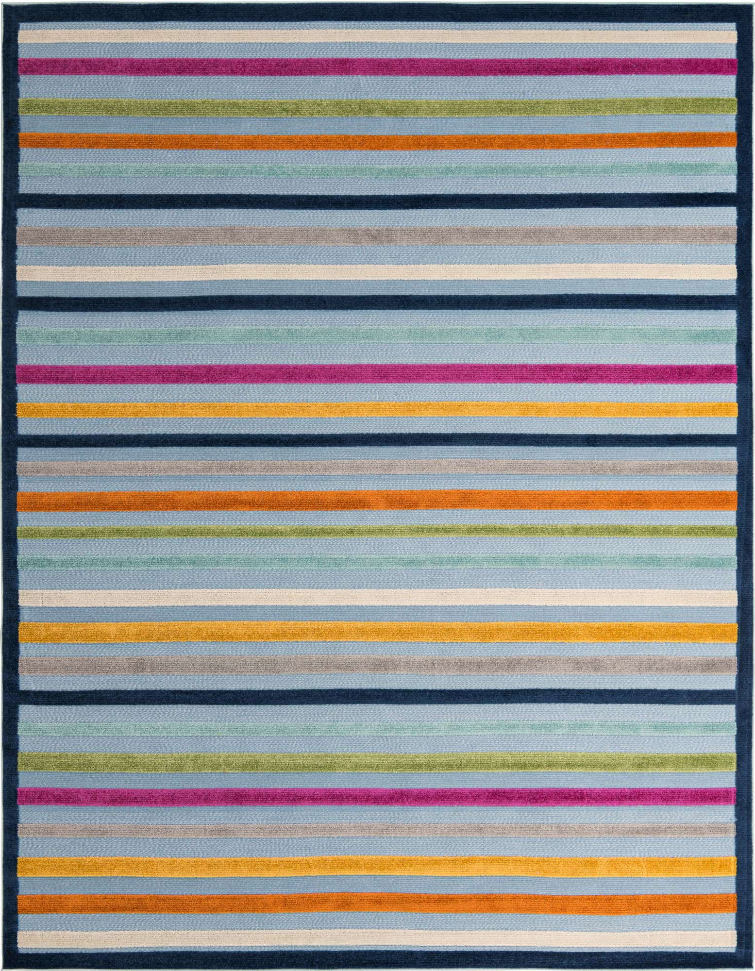 A 9x12 rectangular Aruba Outdoor rug featuring vibrant multi-color stripes in blues, oranges, pinks, and greens, with a dark blue border.