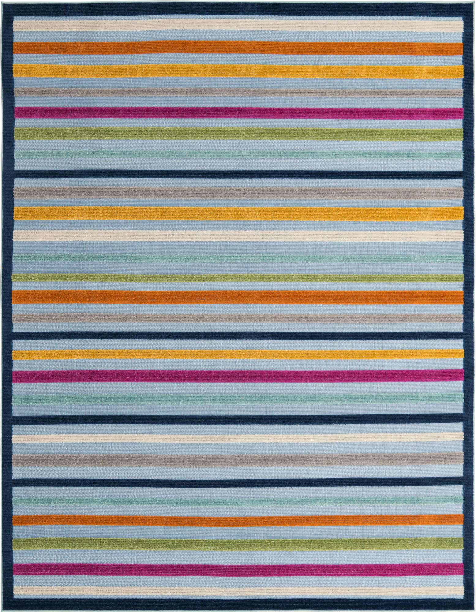An 8x10 rectangular indoor/outdoor rug featuring vibrant horizontal stripes in blue, orange, yellow, green, pink, and white, with a solid navy border.