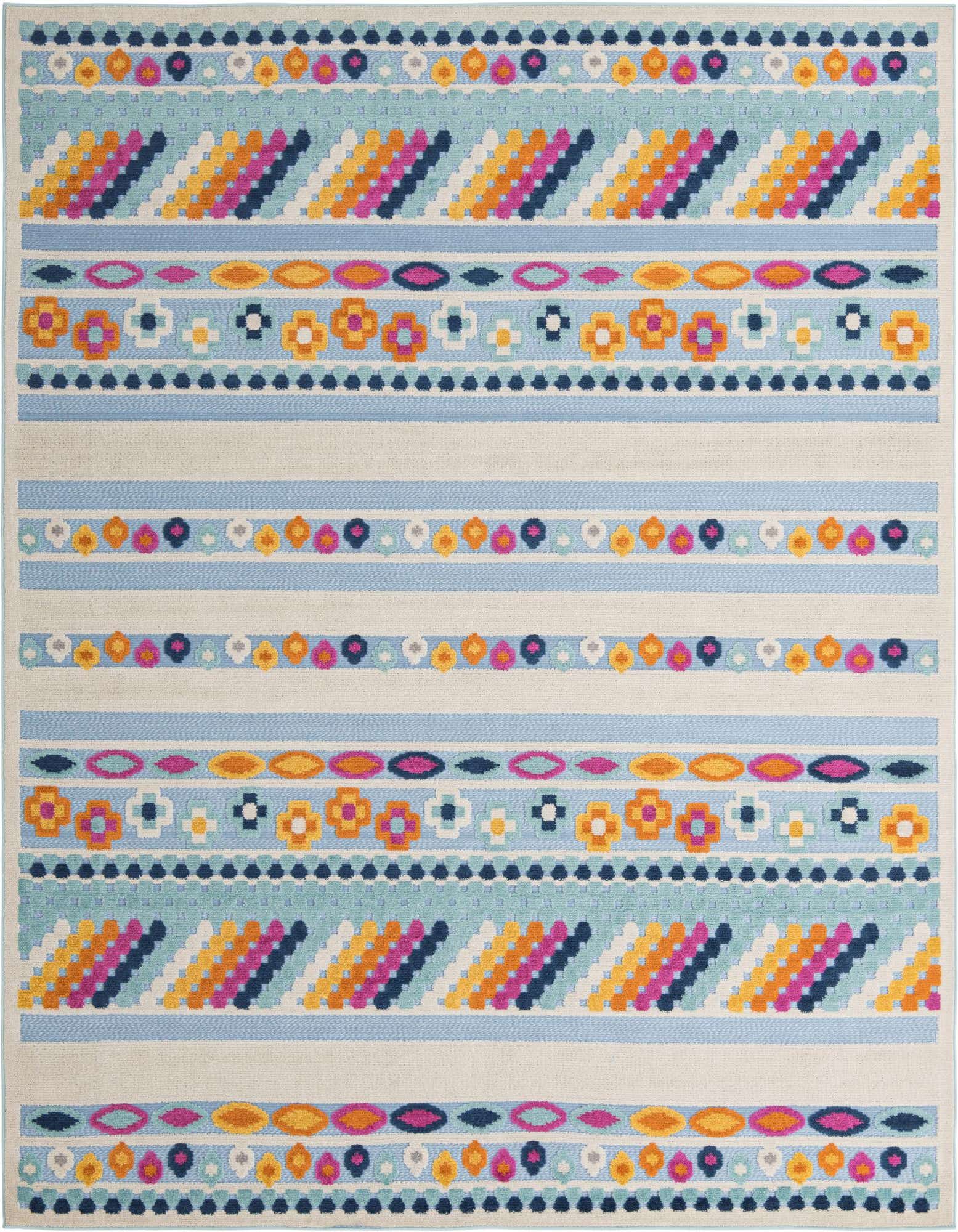 A 9x12 rectangular indoor/outdoor rug featuring vibrant blue, pink, orange, and yellow bohemian stripes and geometric patterns.