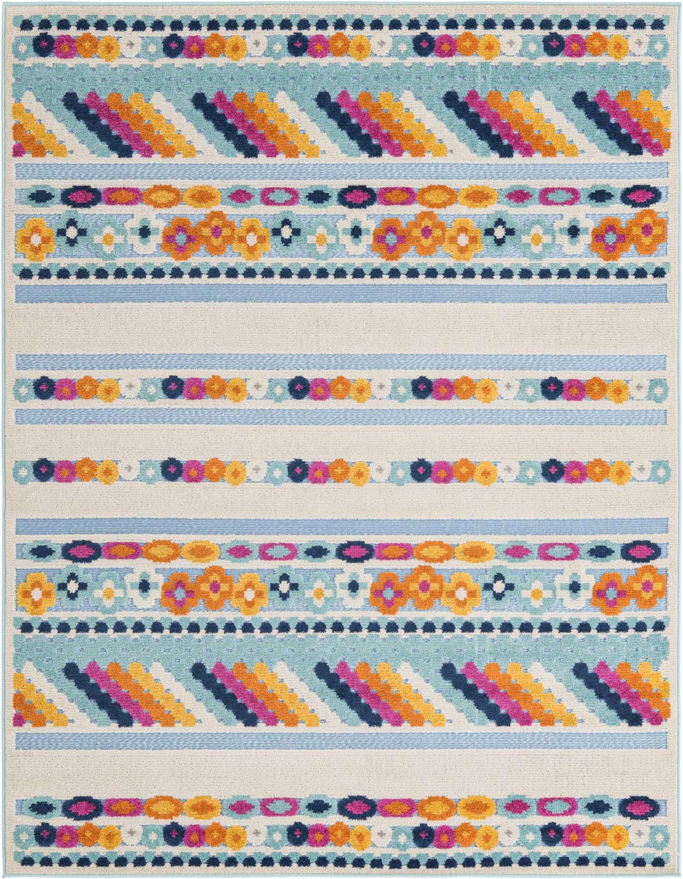 A 4x6 rectangular indoor/outdoor rug with a vibrant Bohemian stripe pattern in shades of blue, orange, pink, and yellow on an off-white background.