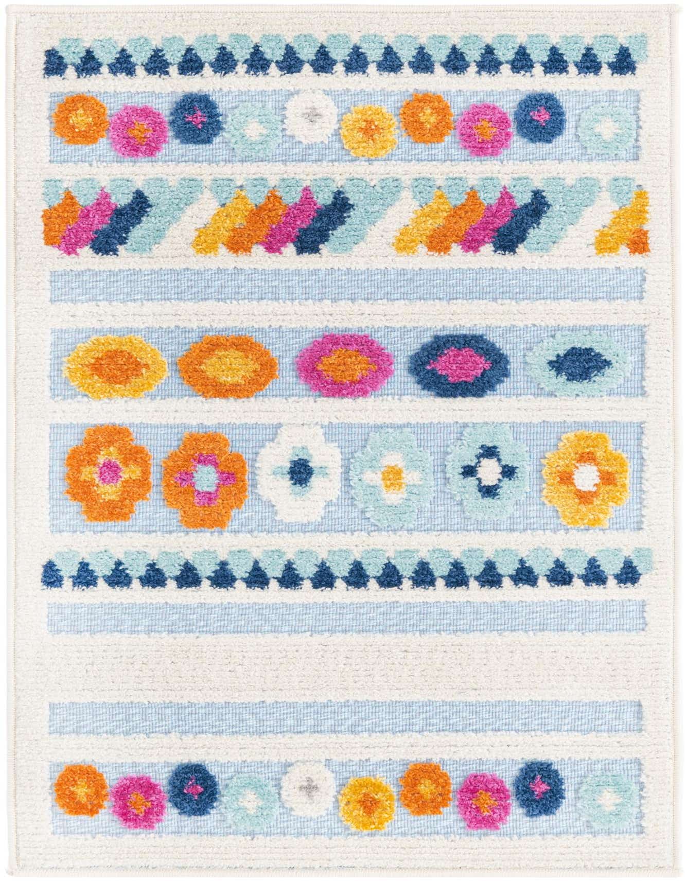 A 2x3 rectangular Rugs.com Aruba Outdoor rug featuring vibrant bohemian stripes and floral patterns in blue, pink, orange, and white.