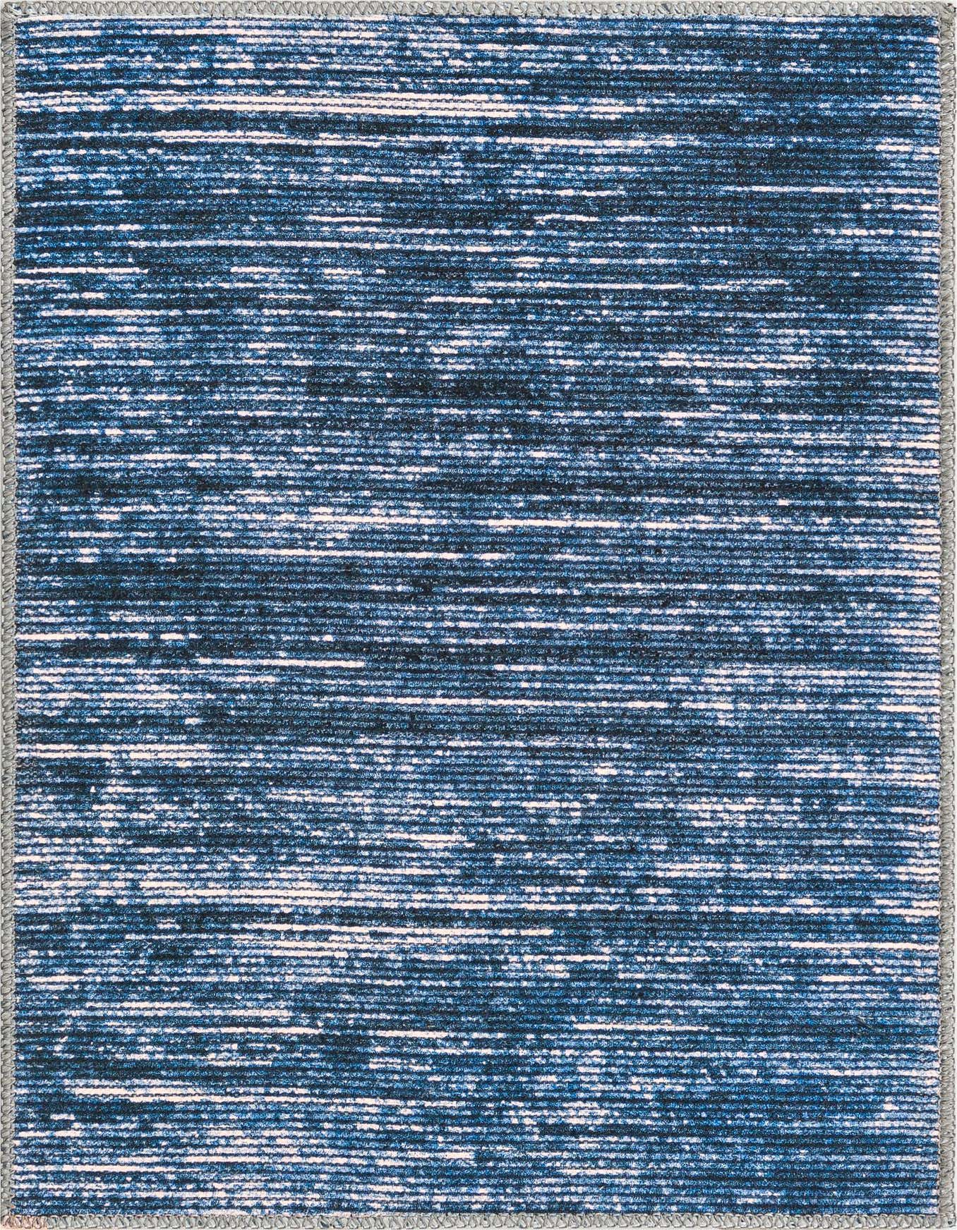 A 2x3 rectangular Rugs.com Asha rug featuring a modern blue and white textured stripe pattern with a subtle grey border.