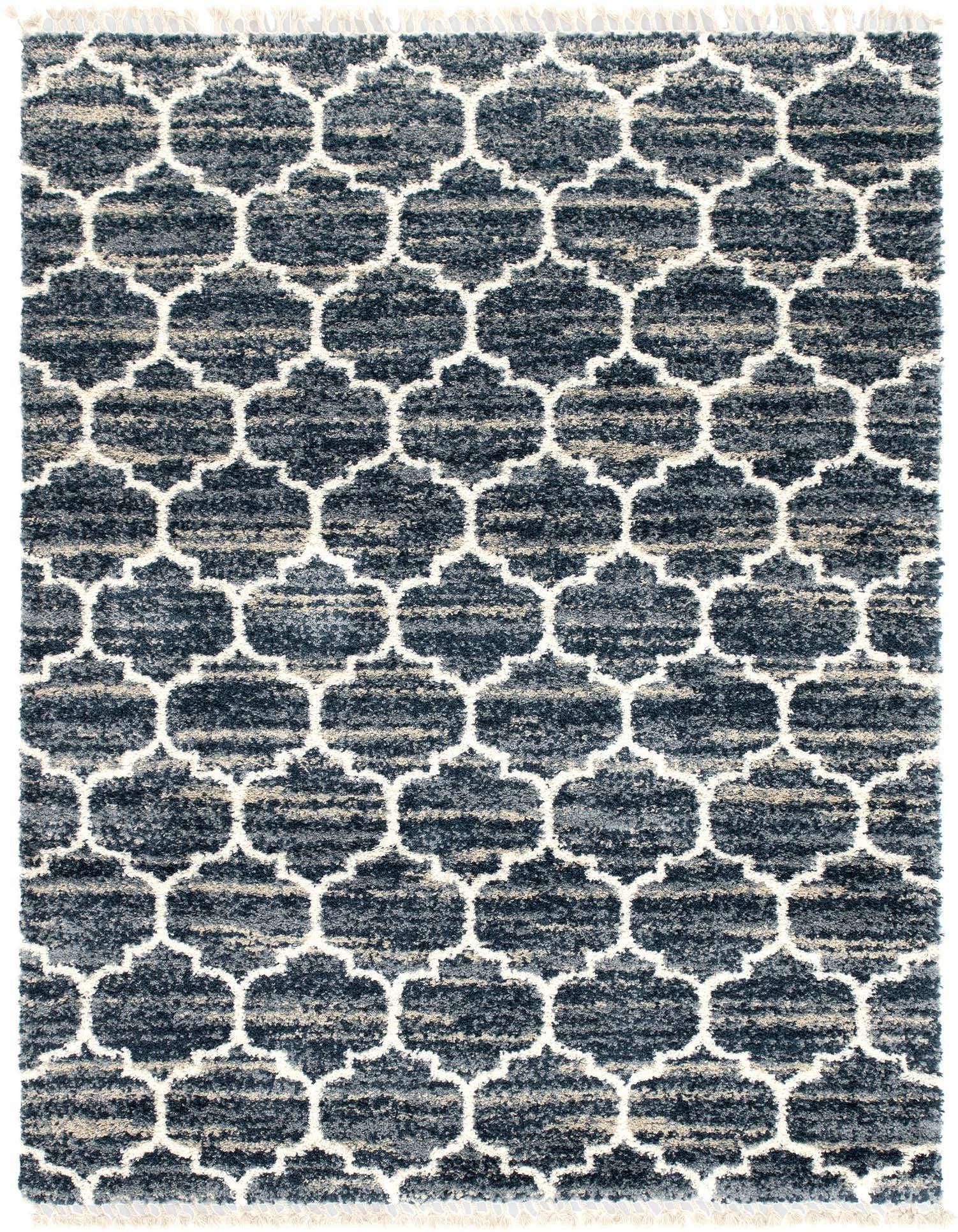 A 9x12 rectangular Athena Shag rug featuring a blue and off-white Moroccan trellis pattern, perfect for a living room.