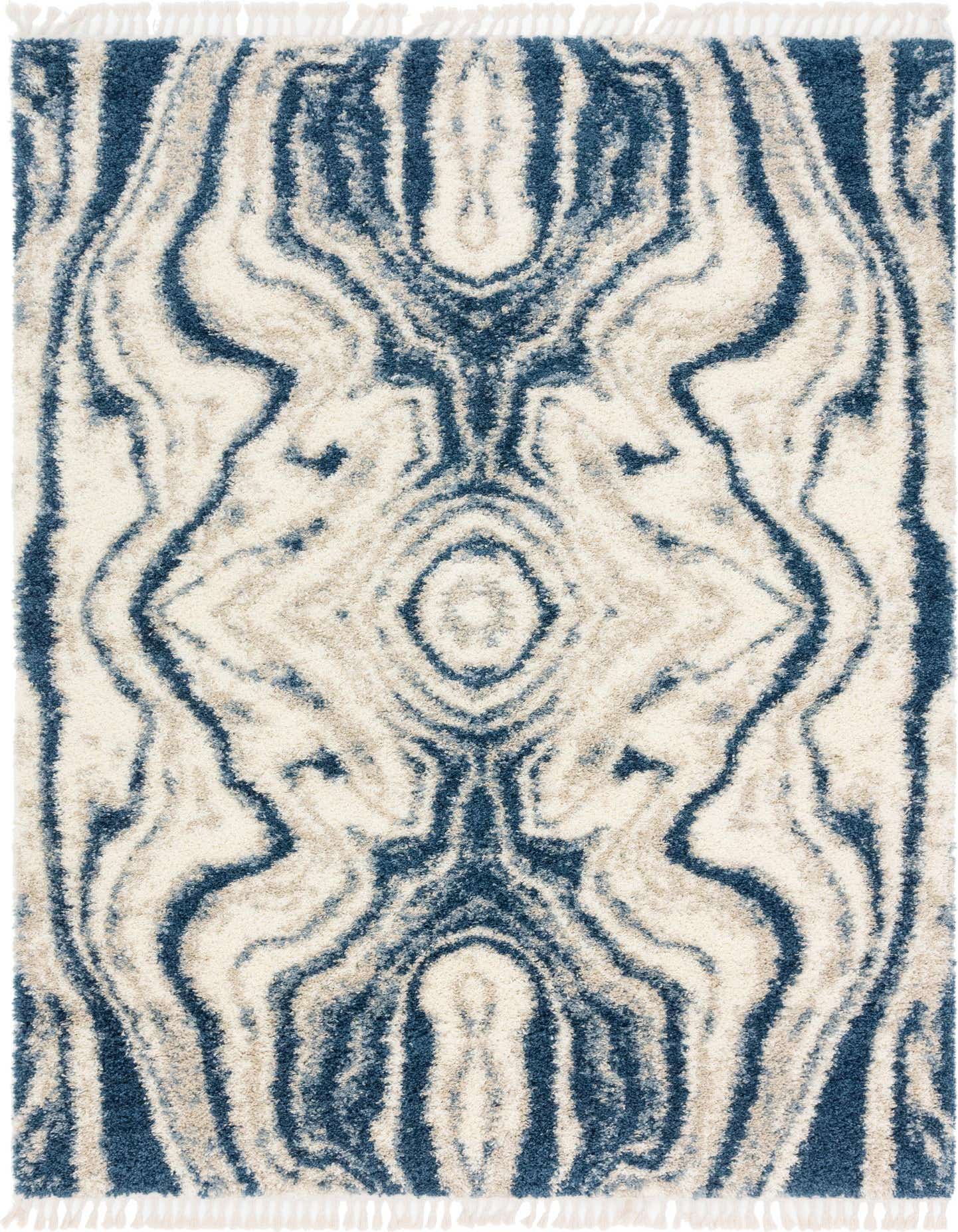 A 9x12 rectangular Athena Shag rug featuring a modern, abstract blue and off-white marbled stripe pattern with a plush pile.