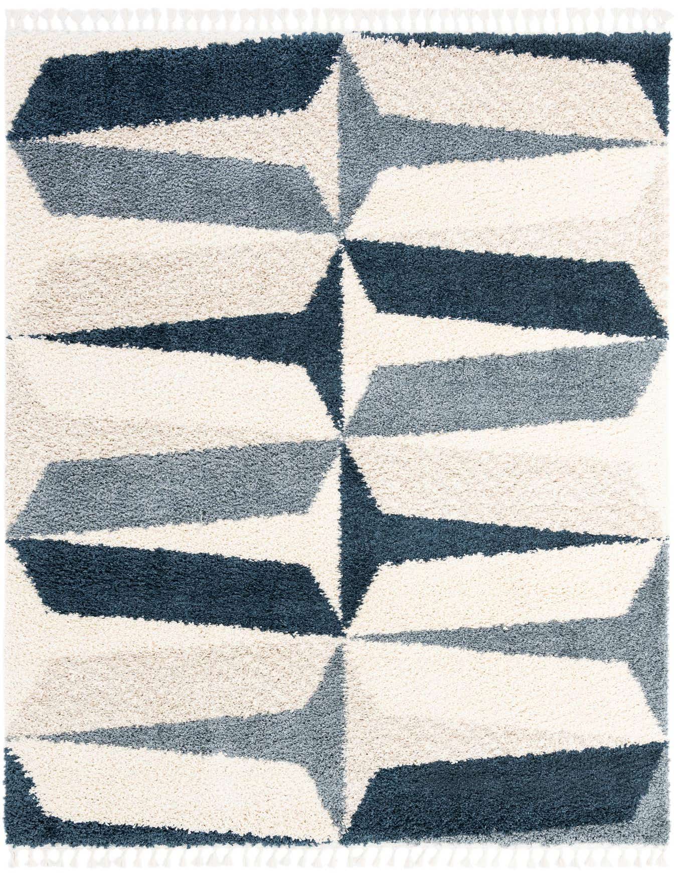 A 7x10 rectangular Rugs.com Athena Shag rug featuring a modern abstract pattern in varying shades of blue and cream.