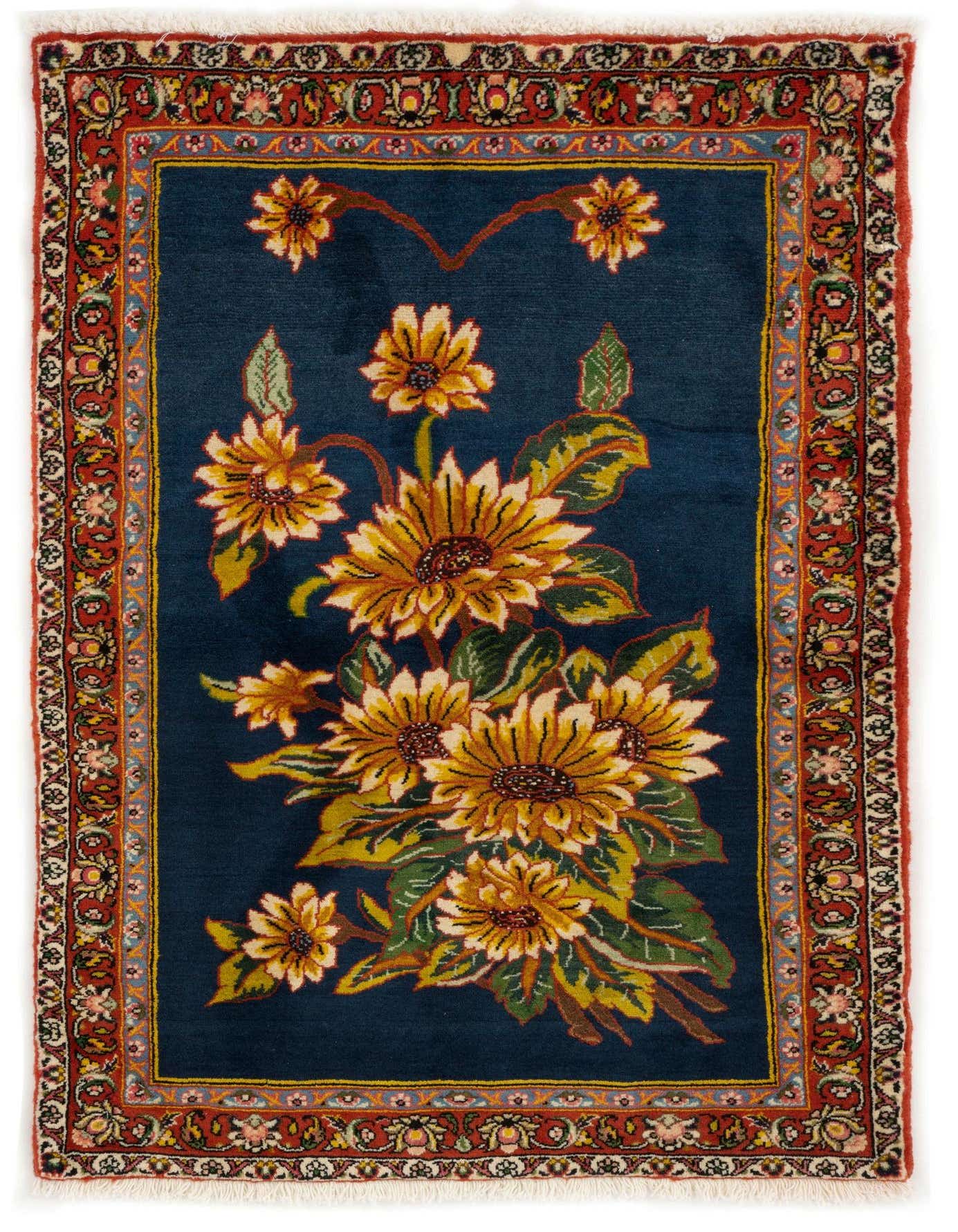 A 3x5 rectangular Persian wool rug with a dark blue field featuring a vibrant yellow sunflower bouquet and a detailed red floral border.