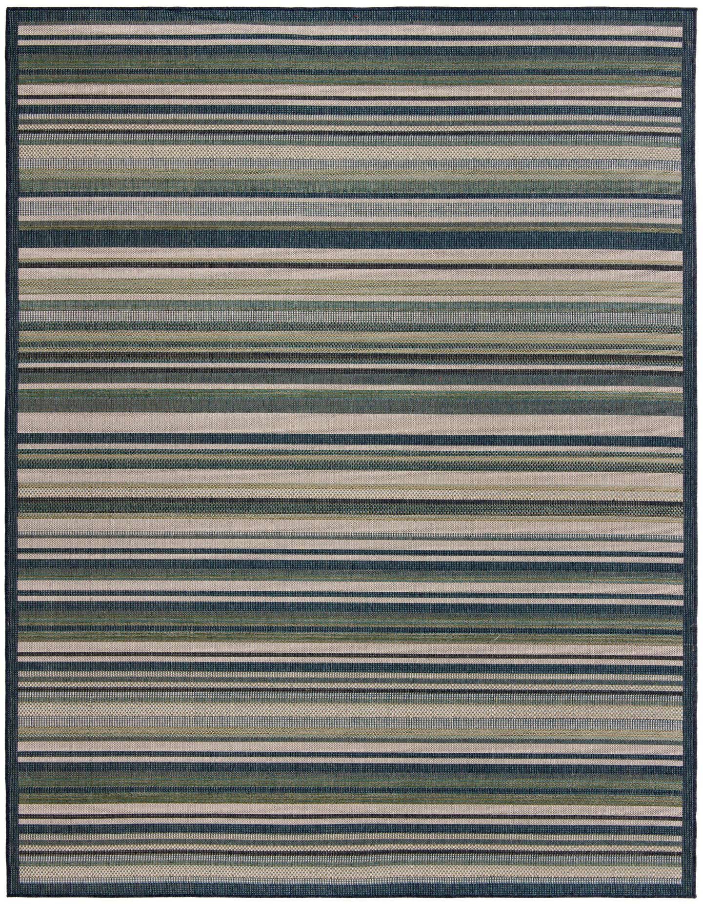 A 9x12 rectangular Baja Outdoor rug featuring modern horizontal stripes in varying shades of blue, green, and beige, suitable for indoor or outdoor spaces.