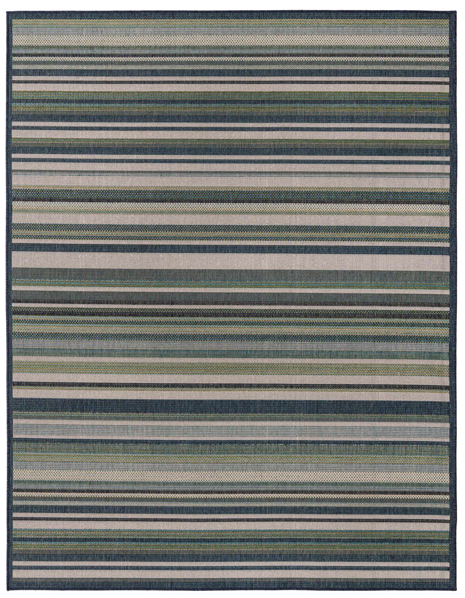 A rectangular 8x10 Baja Outdoor rug with modern blue and green stripes, suitable for indoor or outdoor spaces.