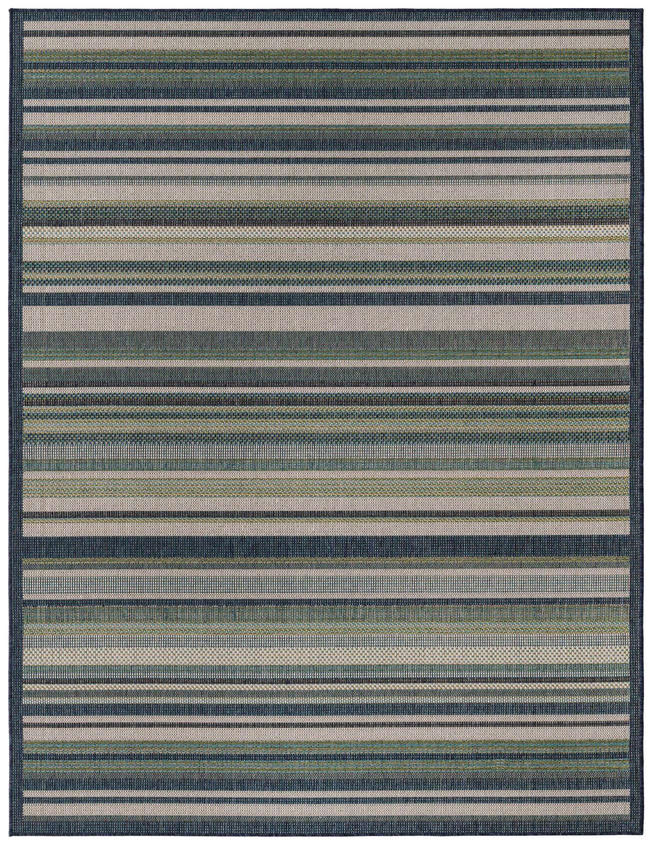 A 6x9 rectangular Baja Outdoor rug featuring modern blue, green, and beige stripes, suitable for indoor or outdoor use.