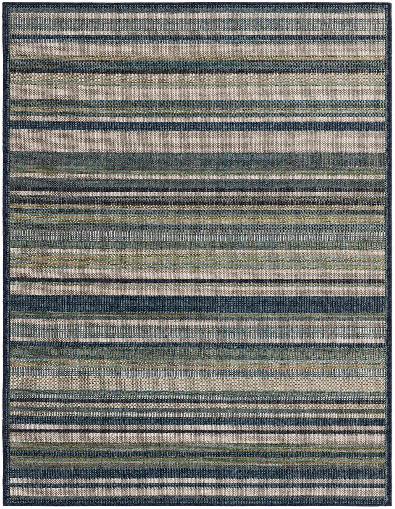 A 5x8 rectangular Baja Outdoor rug featuring modern blue and beige stripes with a textured flatweave.