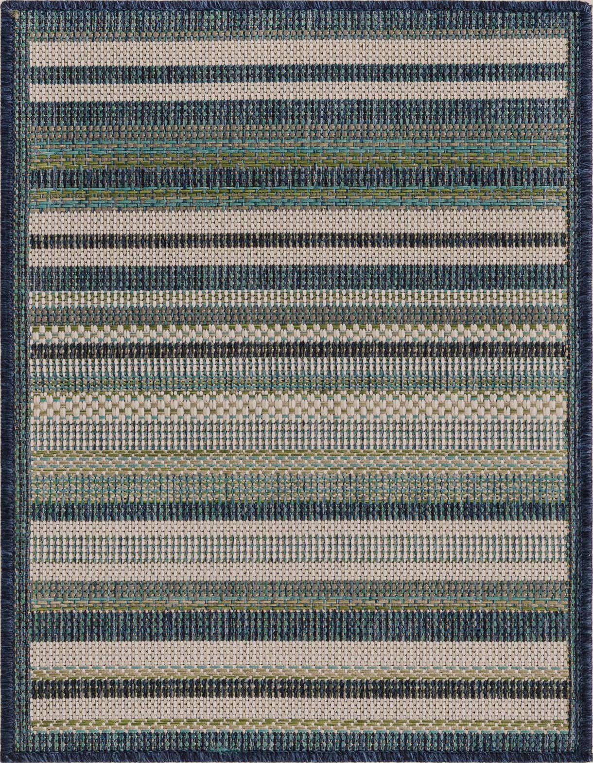 A 2x3 rectangular Baja Outdoor rug featuring a modern stripe pattern in various shades of blue, teal, green, and cream.
