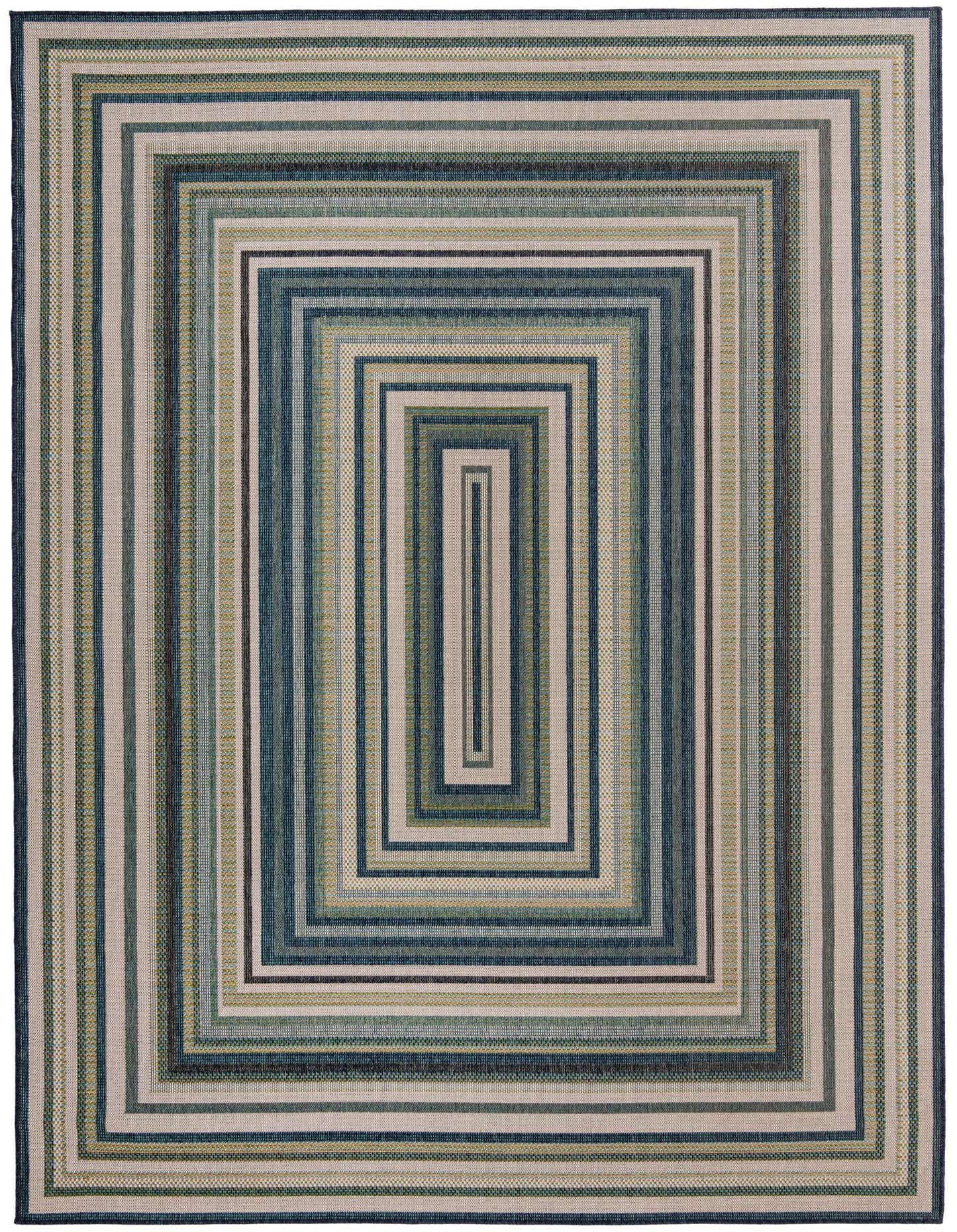 A 9x12 rectangular Baja Outdoor rug featuring a modern striped pattern in various shades of blue and beige, suitable for indoor or outdoor use.