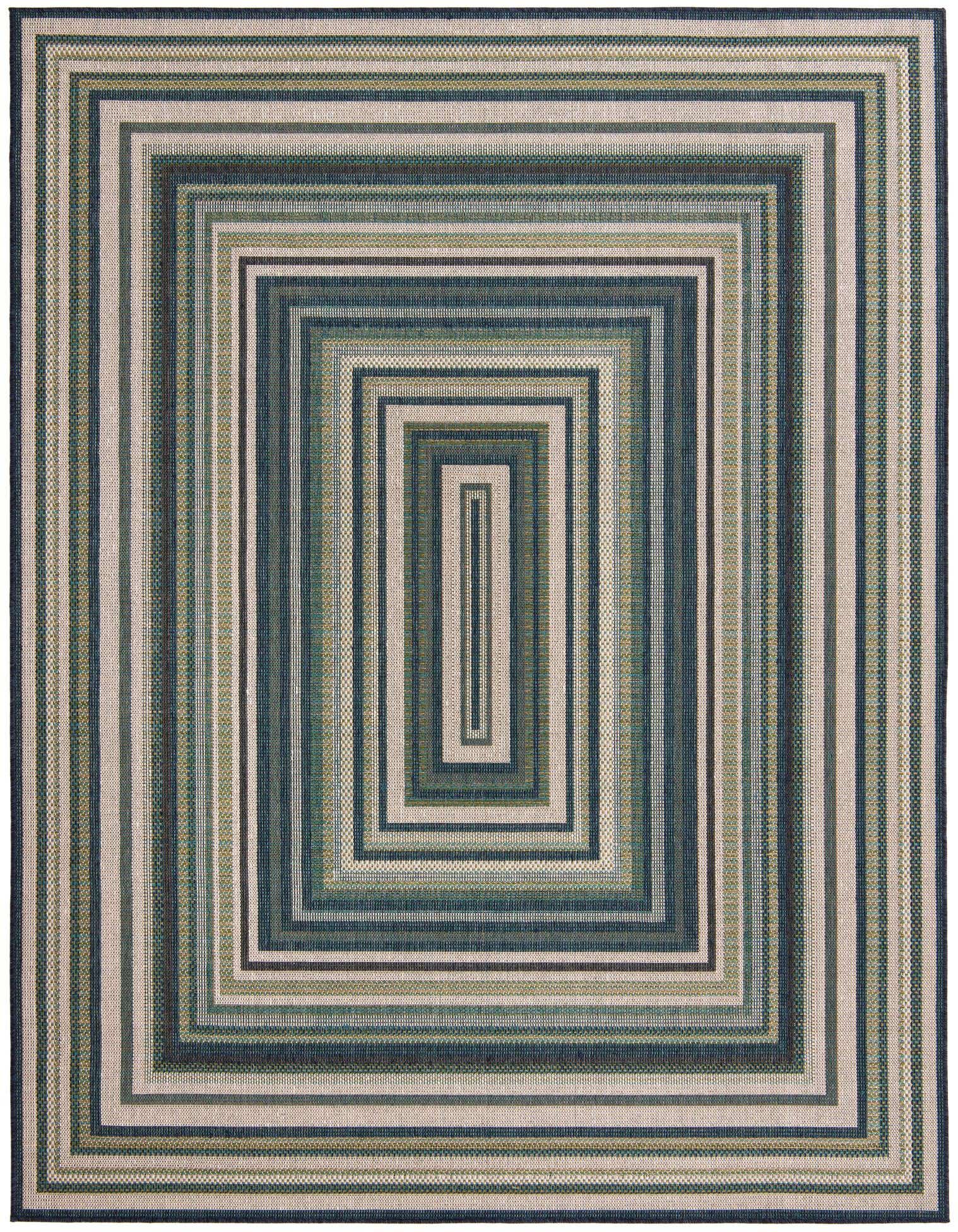 An 8x10 rectangular rug featuring a modern striped pattern in varying shades of blue, green, and beige, suitable for indoor or outdoor use.