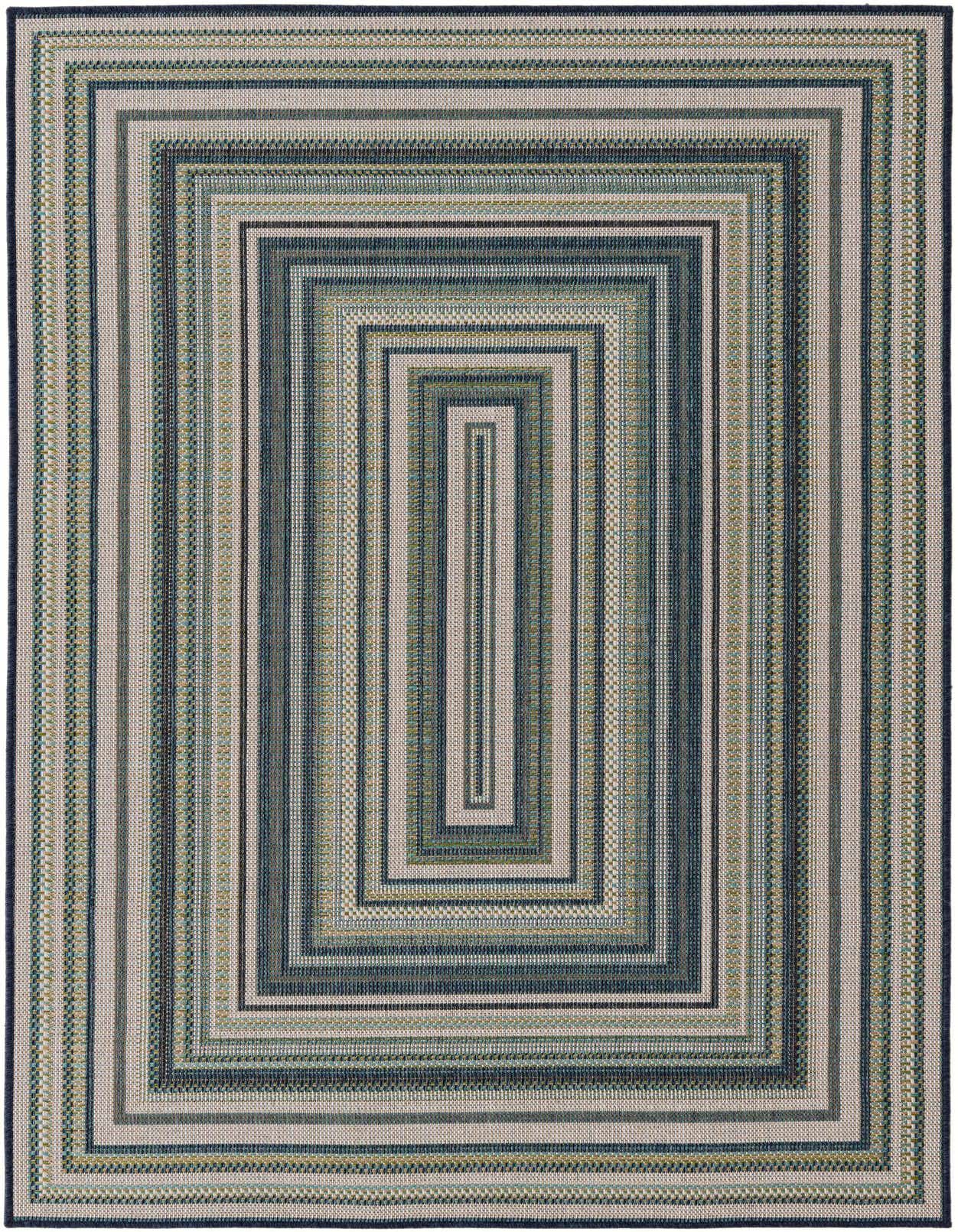A 5x8 rectangular Baja Outdoor rug featuring a modern striped pattern in various shades of blue and beige.
