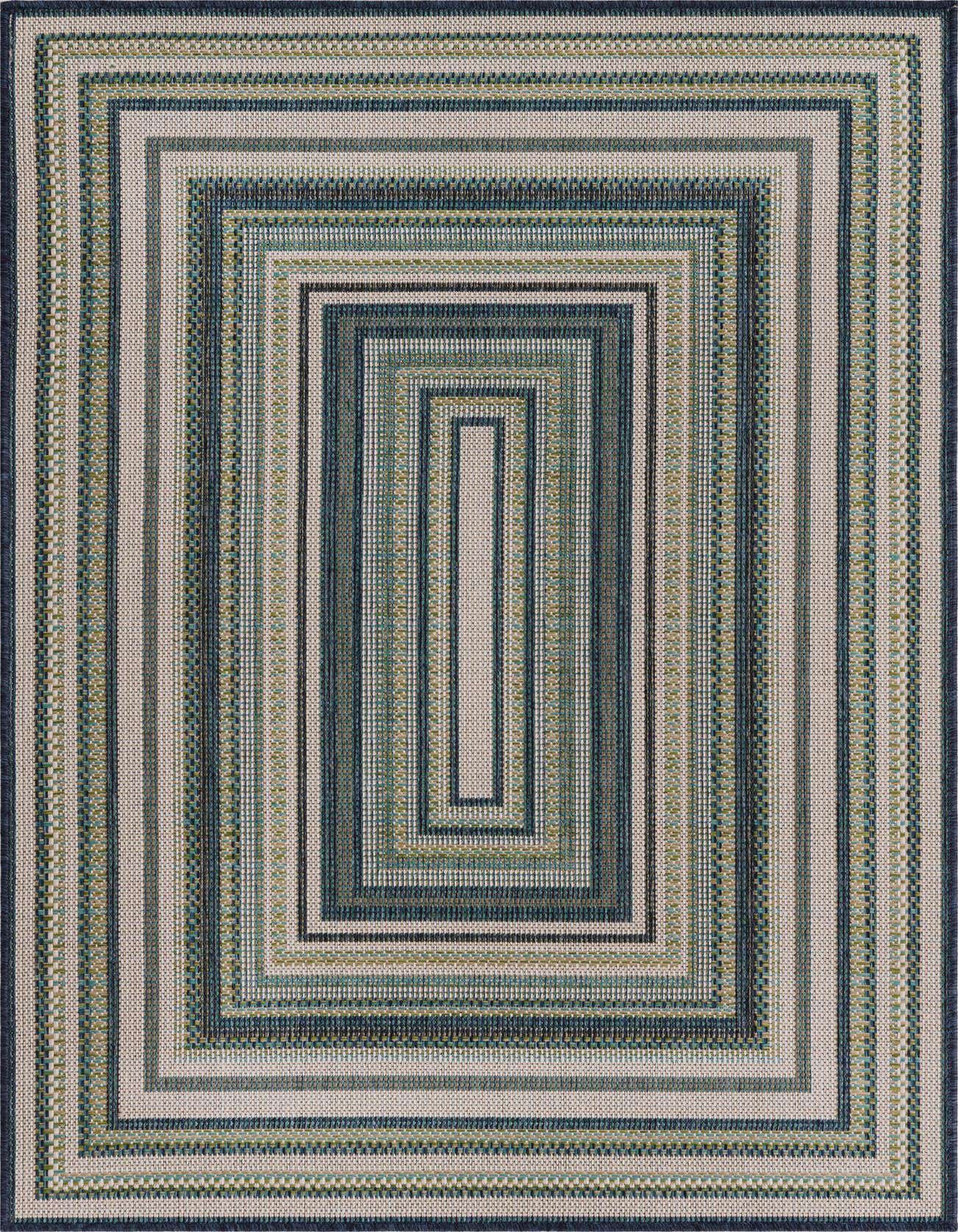 A 4x6 rectangular indoor/outdoor rug featuring a modern striped pattern in various shades of blue and beige.