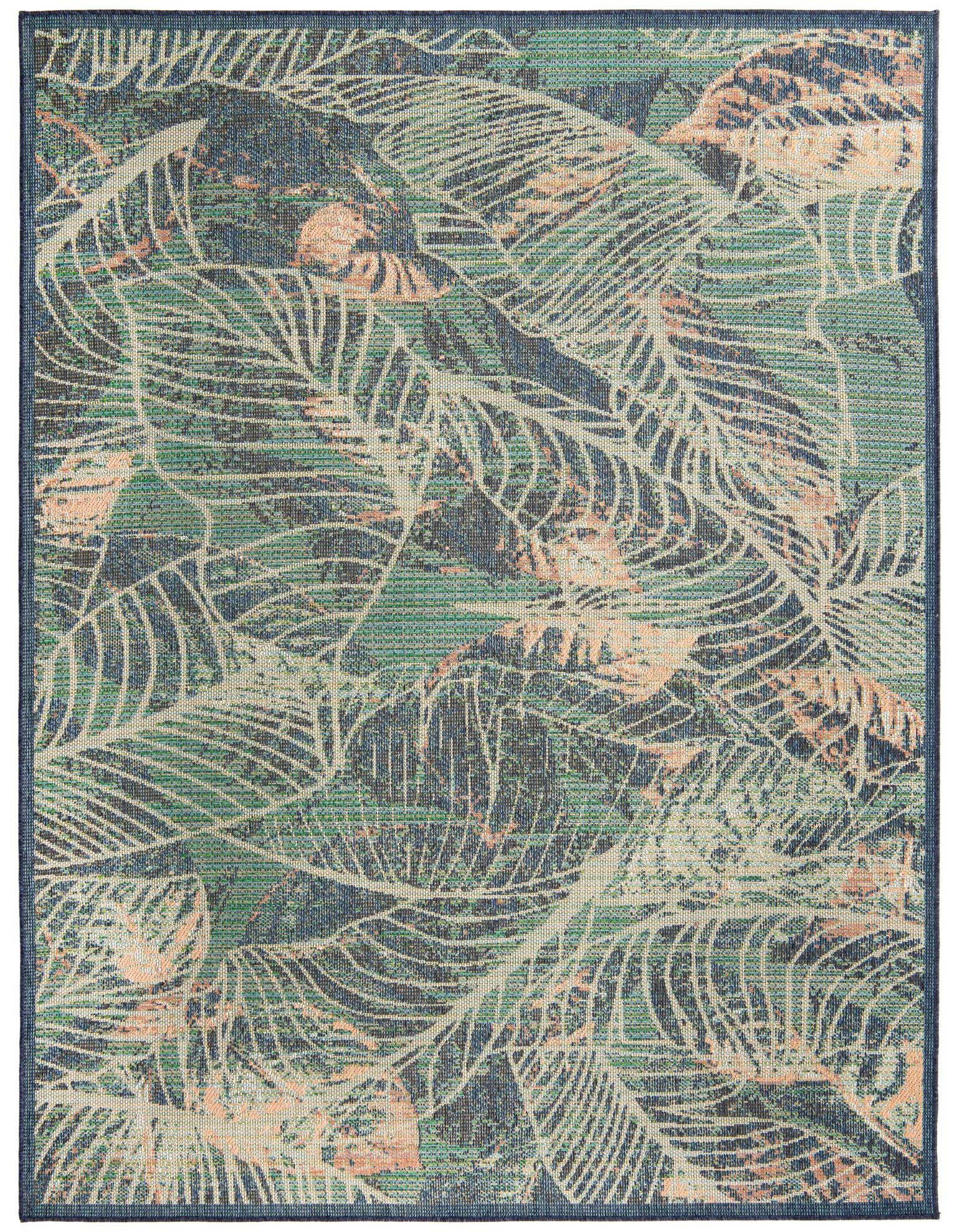 8x10 rectangular Baja Outdoor rug featuring a modern botanical pattern with blue, green, and beige palm leaves.