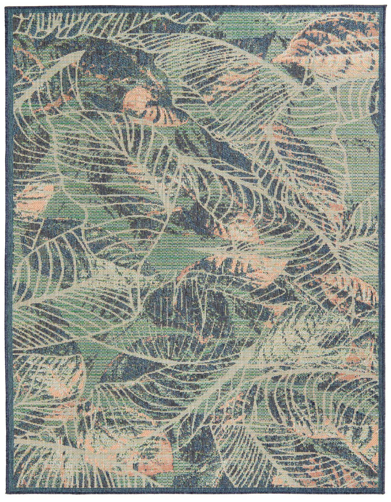 A 6x9 rectangular indoor/outdoor rug with a vibrant blue, green, and peach botanical leaf pattern, perfect for a patio or living room.