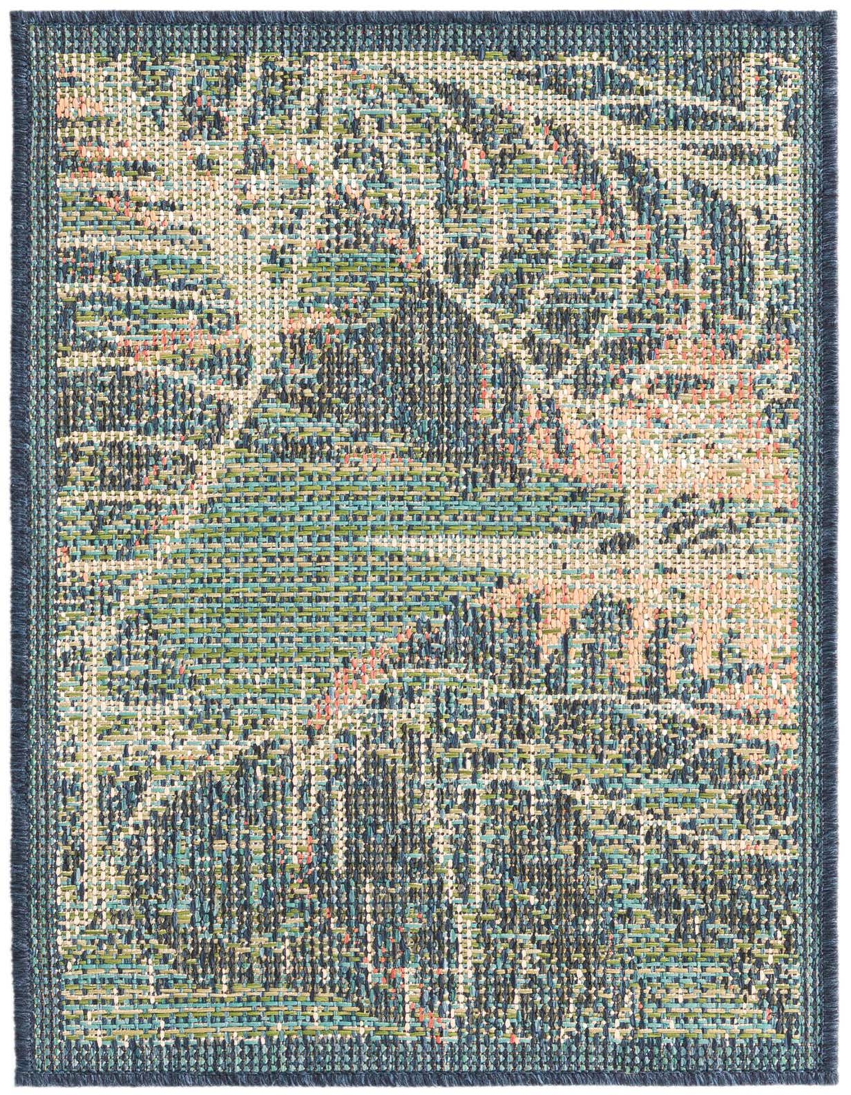 A 2x3 rectangular Baja Outdoor rug featuring a modern botanical pattern in various shades of blue, green, and hints of peach, with a flatweave texture.
