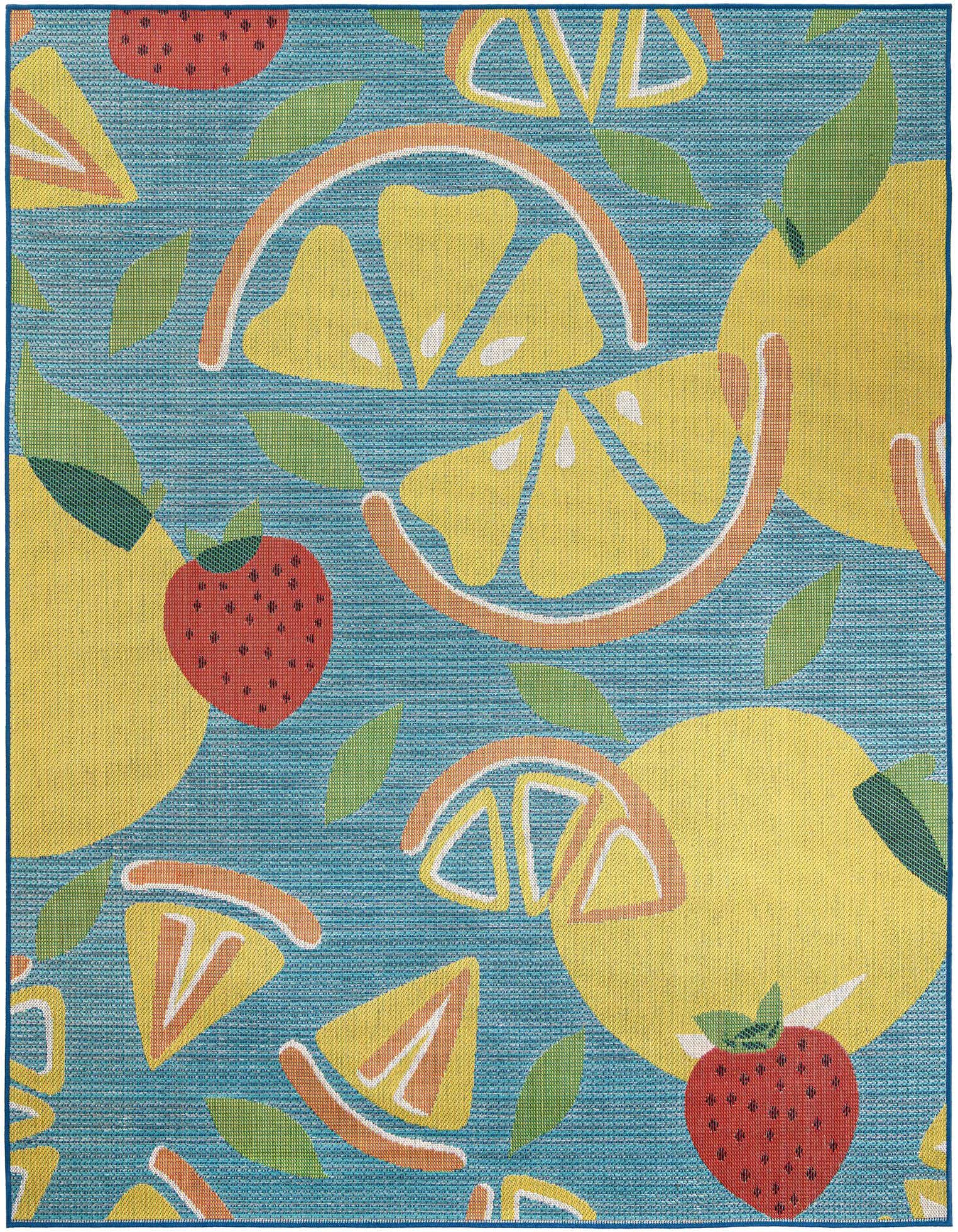 A vibrant 8x10 rectangular indoor/outdoor rug with a blue background and a modern fruit pattern featuring yellow lemons, orange slices, and red strawberries with green leaves.