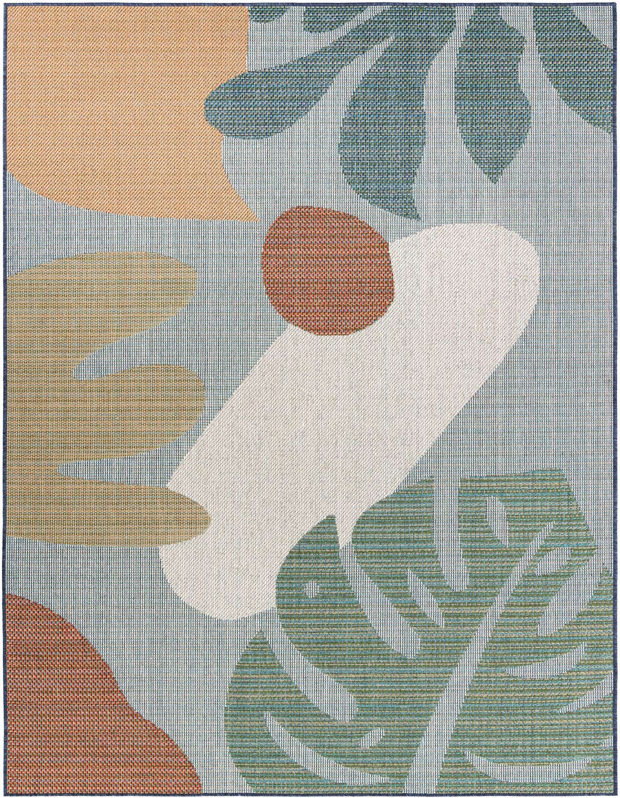 A 6x9 rectangular Baja Outdoor rug featuring a modern abstract pattern with blue, orange, and green shapes.