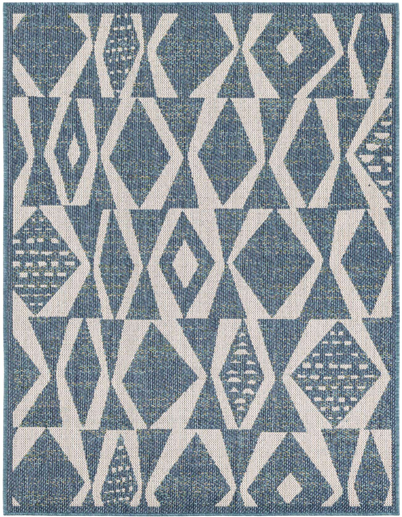A 4x6 rectangular indoor/outdoor rug featuring a modern geometric pattern in various shades of blue and off-white.