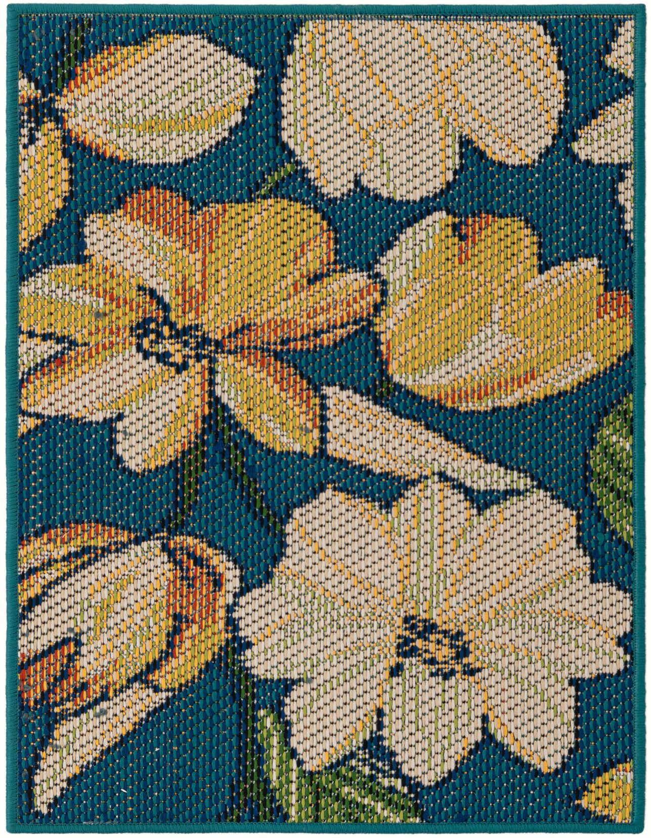 A 2x3 rectangular Rugs.com Baja Outdoor rug featuring large modern floral patterns in cream, yellow, and orange against a deep blue background, suitable for indoor/outdoor use.