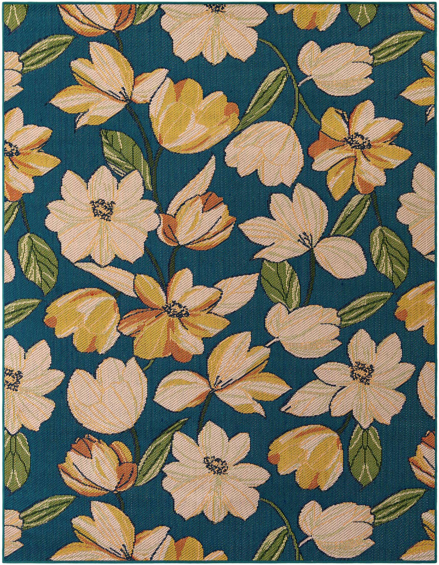 A rectangular 8x10 blue indoor/outdoor rug with a vibrant floral pattern of yellow, cream, and green flowers and leaves.
