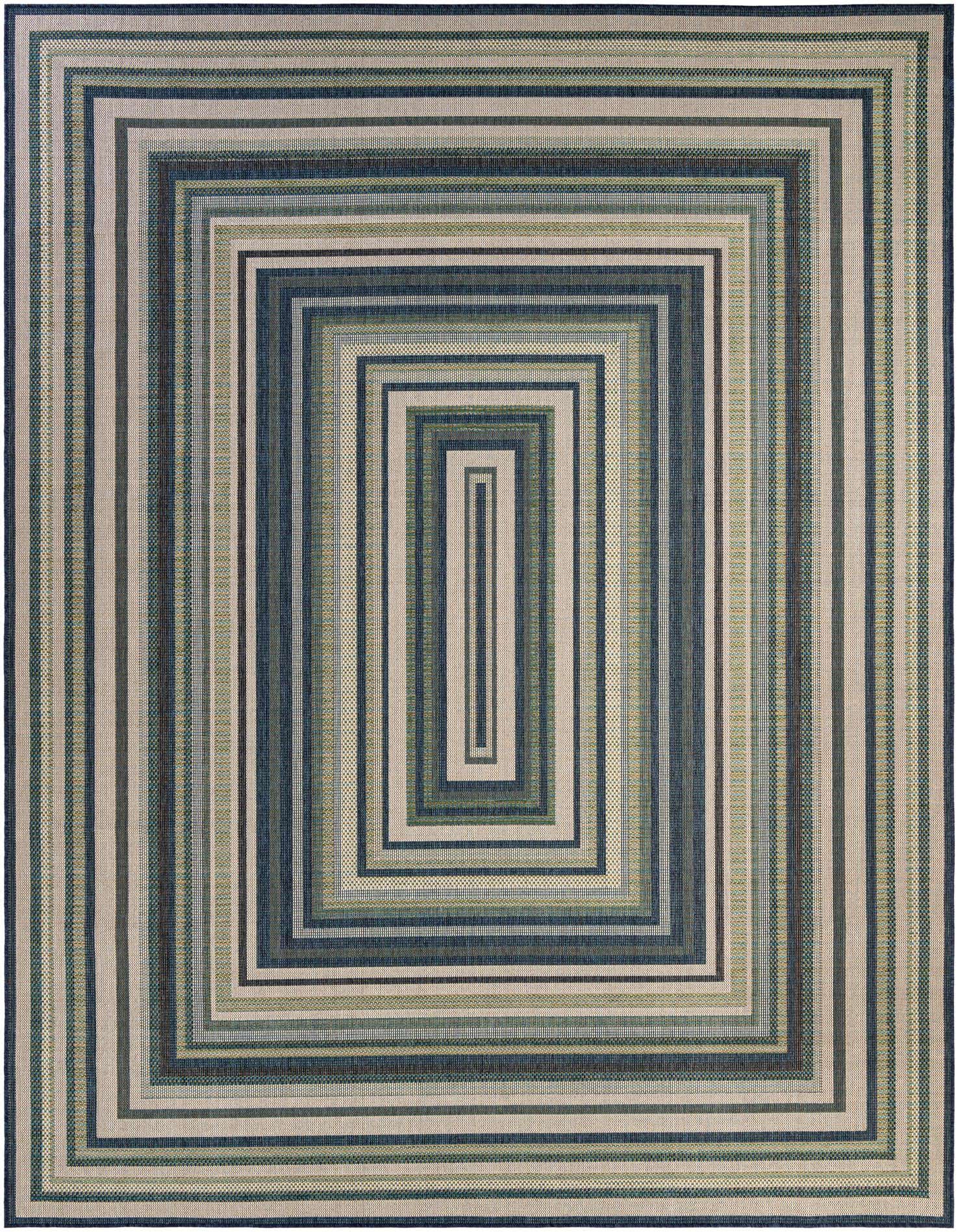 A 10x13 rectangular Baja Outdoor rug featuring a modern striped pattern in various shades of blue, green, and beige, suitable for indoor or outdoor use.