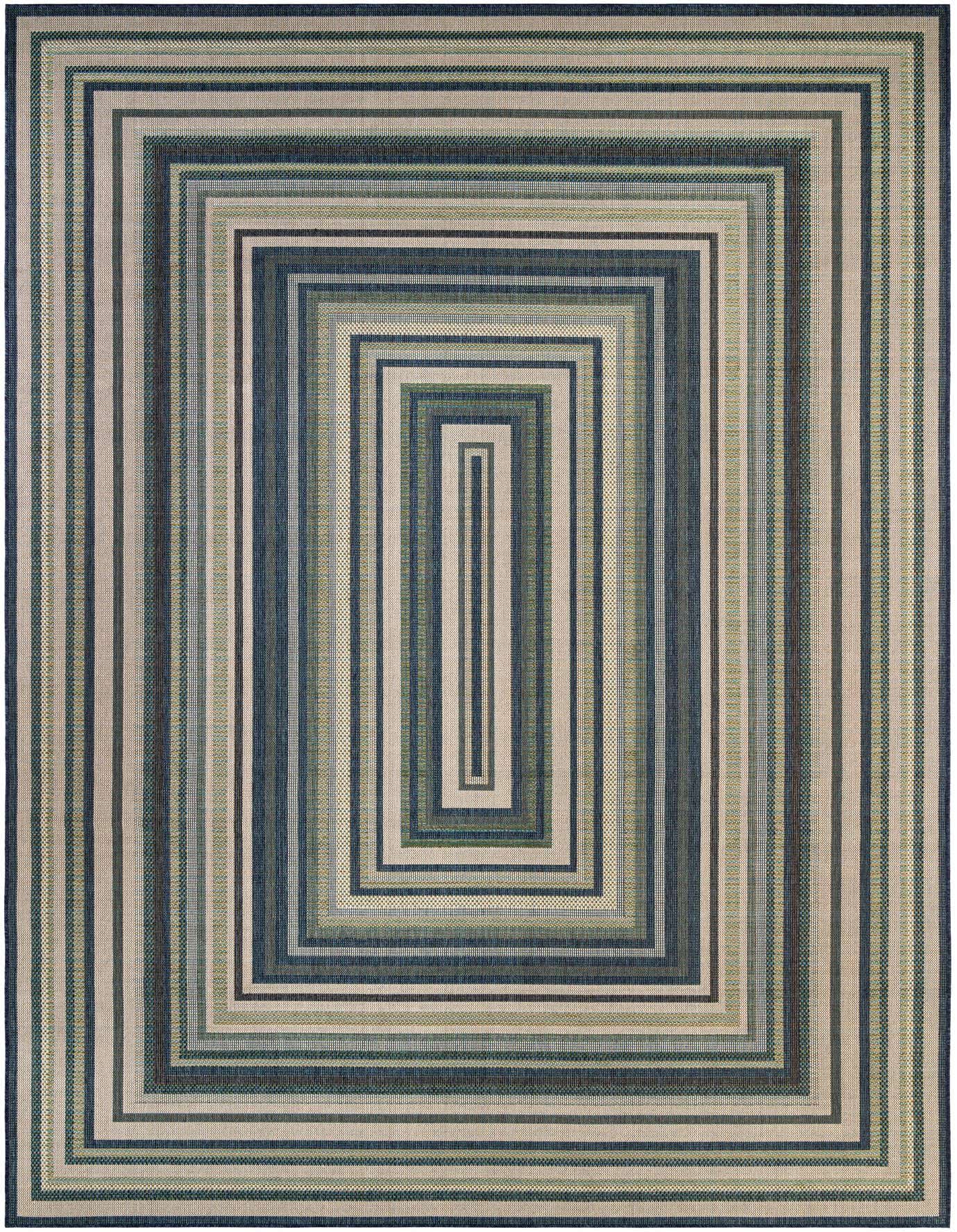 A 10x14 rectangular Baja Outdoor rug featuring a modern striped pattern in various shades of blue, green, and beige.