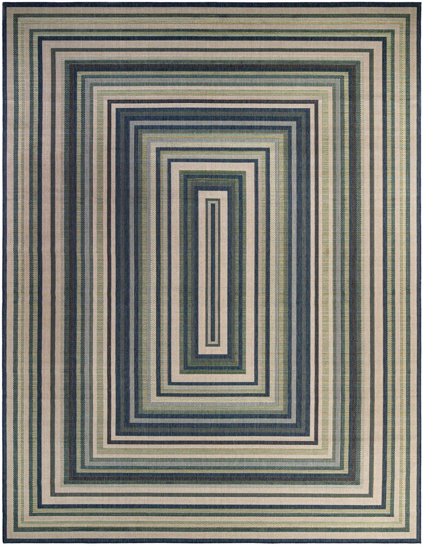 A 12x16 rectangular Baja Outdoor rug featuring a modern stripe pattern in various shades of blue and beige, suitable for indoor or outdoor spaces.