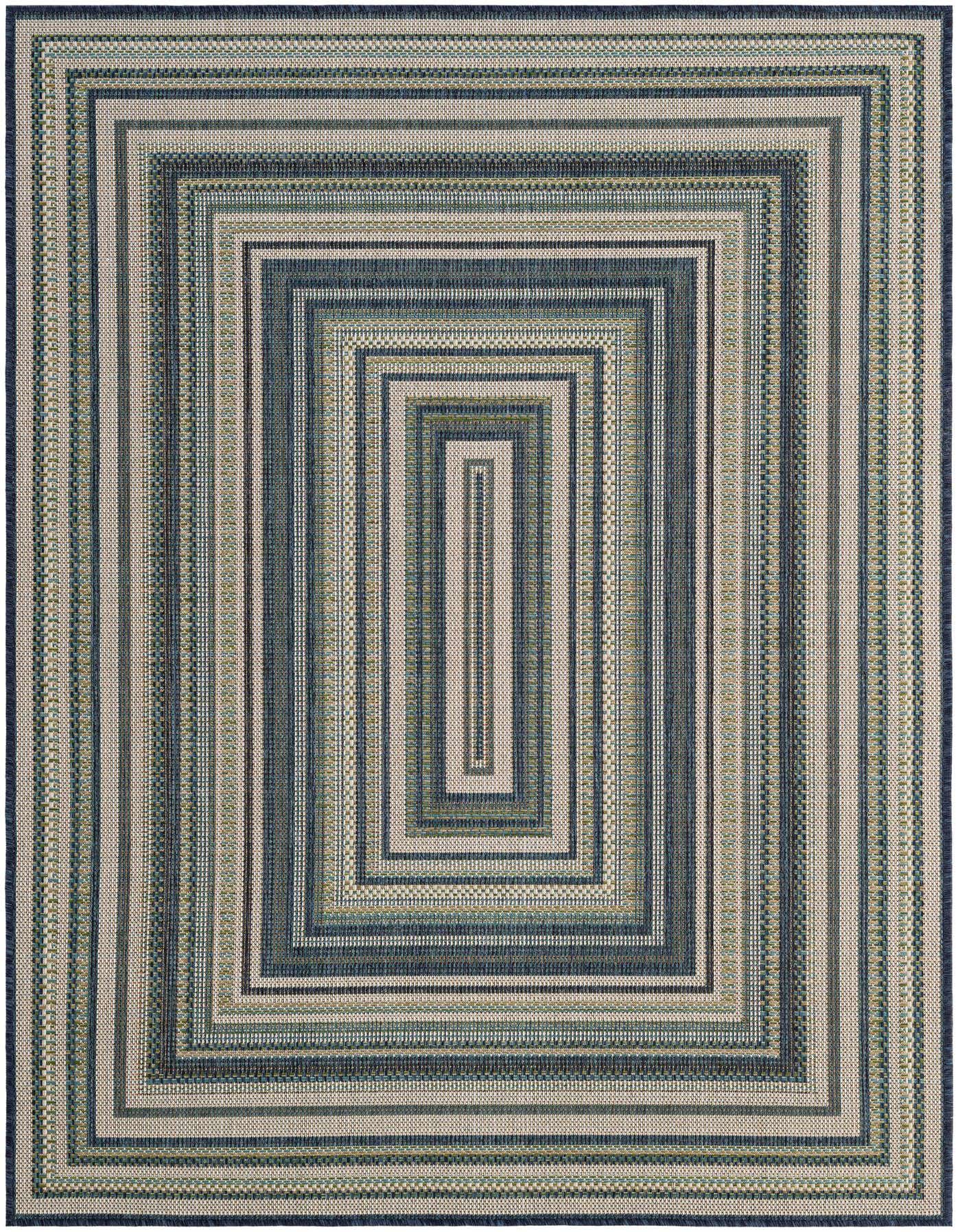 A 5x7 rectangular Baja Outdoor rug featuring a modern striped pattern in various shades of blue and beige.