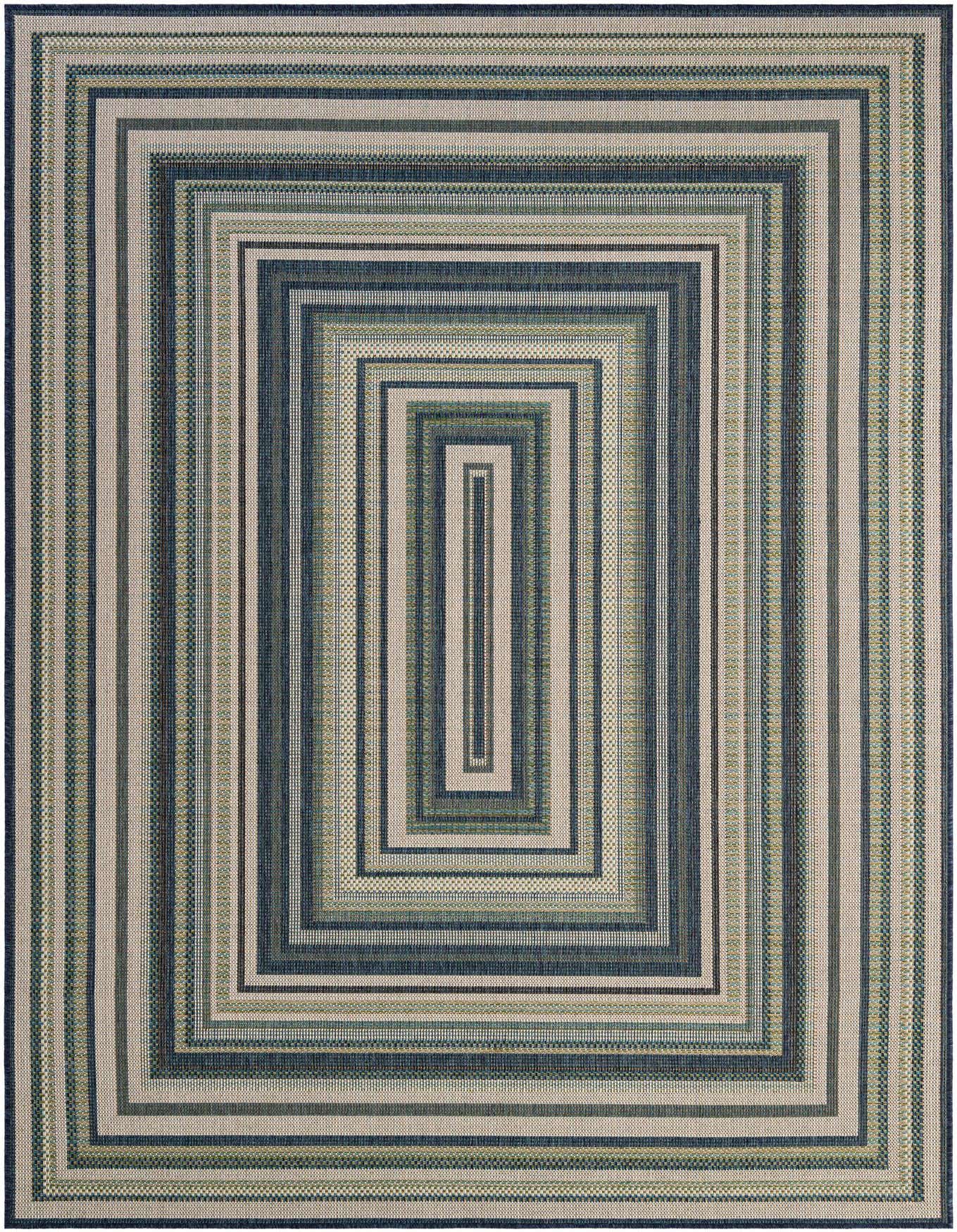 A 7x10 rectangular Baja Outdoor rug featuring a modern stripe pattern in various shades of blue and beige, suitable for indoor or outdoor use.