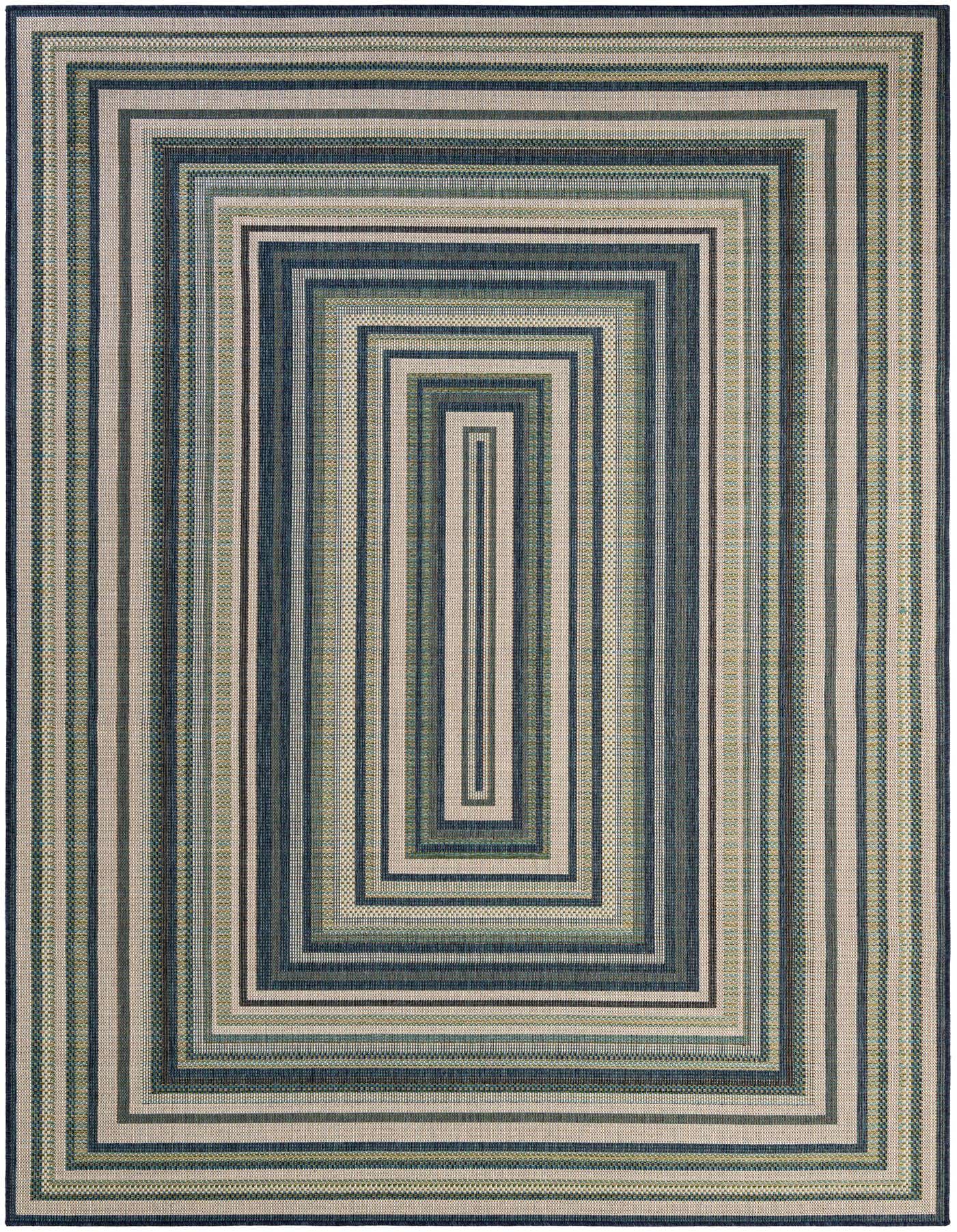 An 8x11 rectangular Baja Outdoor rug featuring a modern striped pattern in various shades of blue and beige, suitable for indoor or outdoor use.
