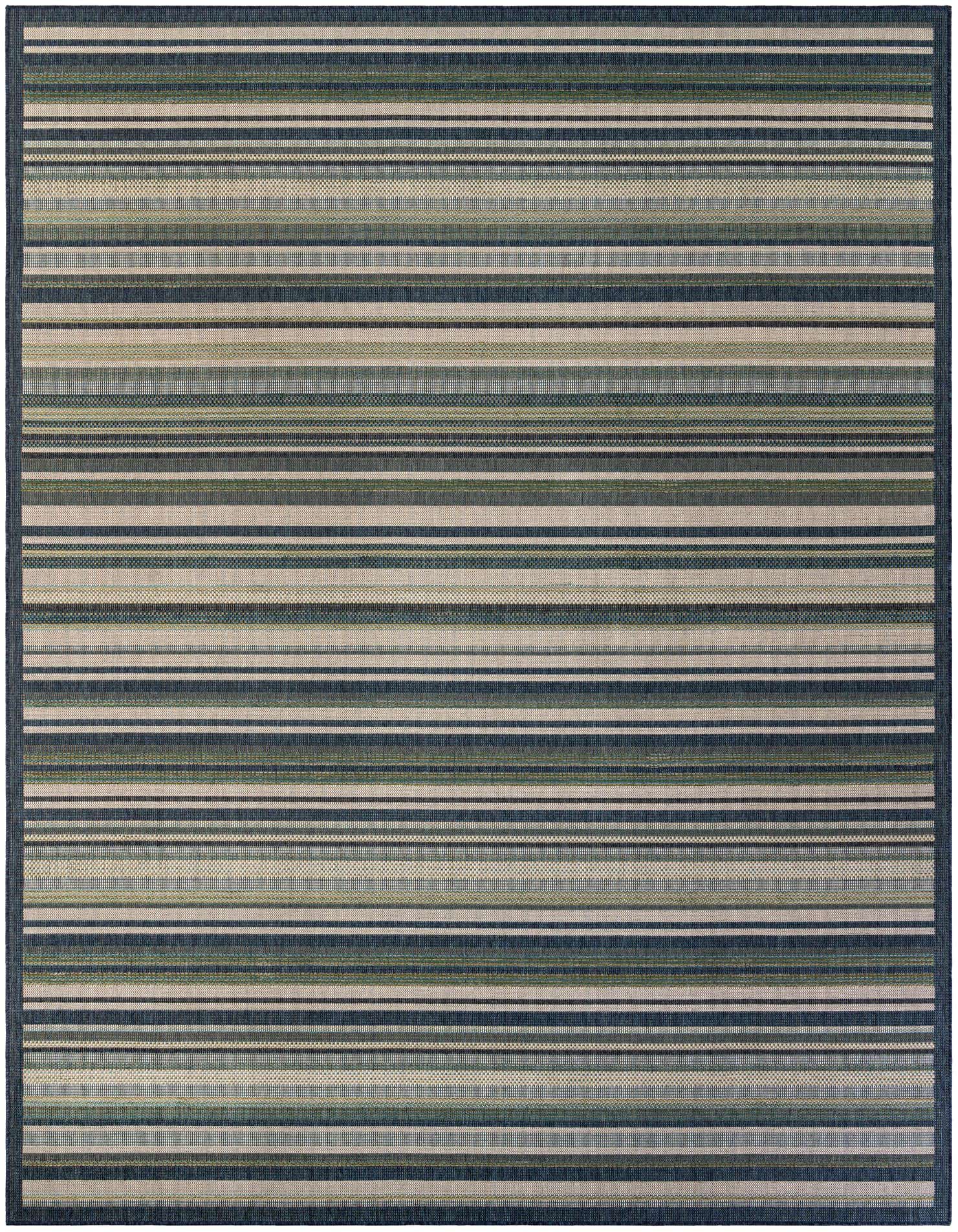 A 10x13 rectangular Baja Outdoor rug featuring modern blue, green, and beige stripes, suitable for indoor or outdoor spaces.
