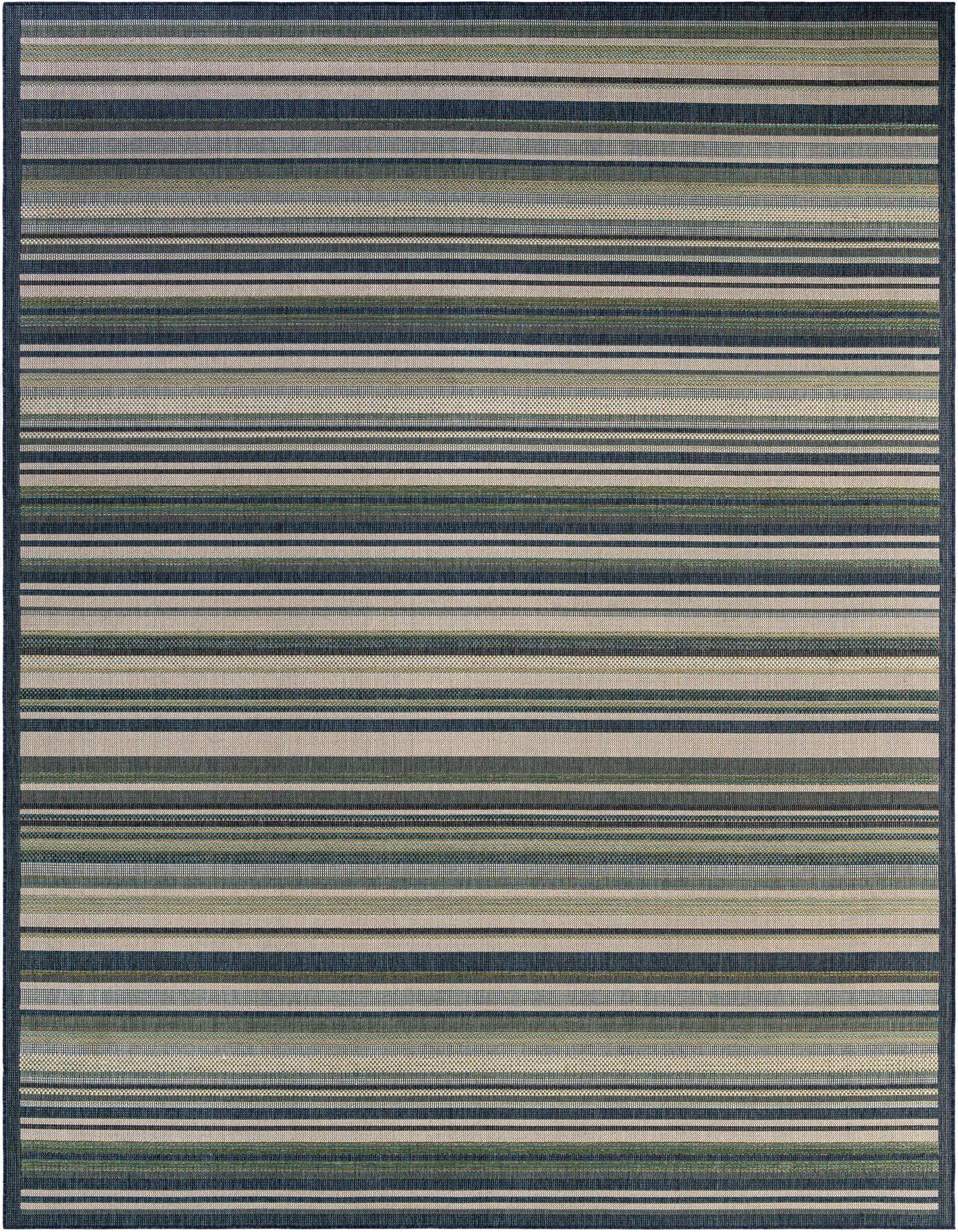 A 10x14 rectangular Baja Outdoor rug featuring thin blue, green, and beige stripes, ideal for a patio or deck.