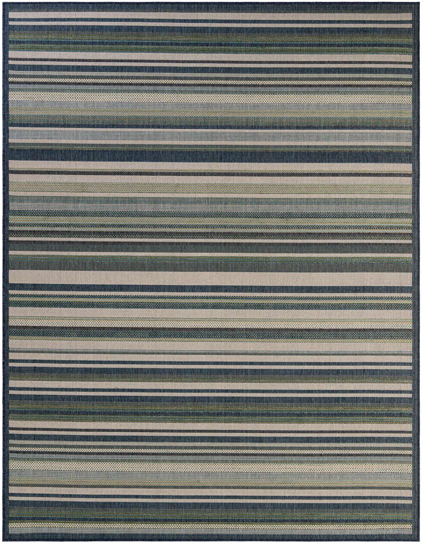 A rectangular 8x11 Baja Outdoor rug featuring modern blue, green, and beige stripes, ideal for indoor or outdoor spaces.