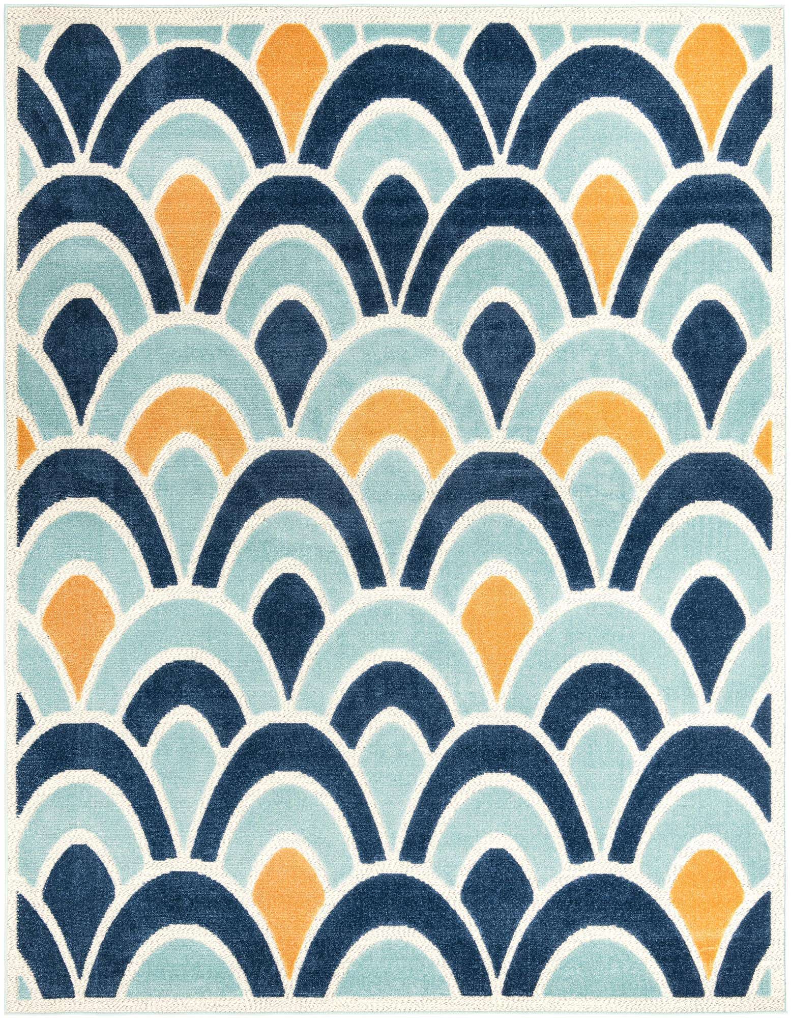 An 8x10 rectangular indoor/outdoor rug with a modern trellis pattern in shades of blue, light blue, and orange on a white background.