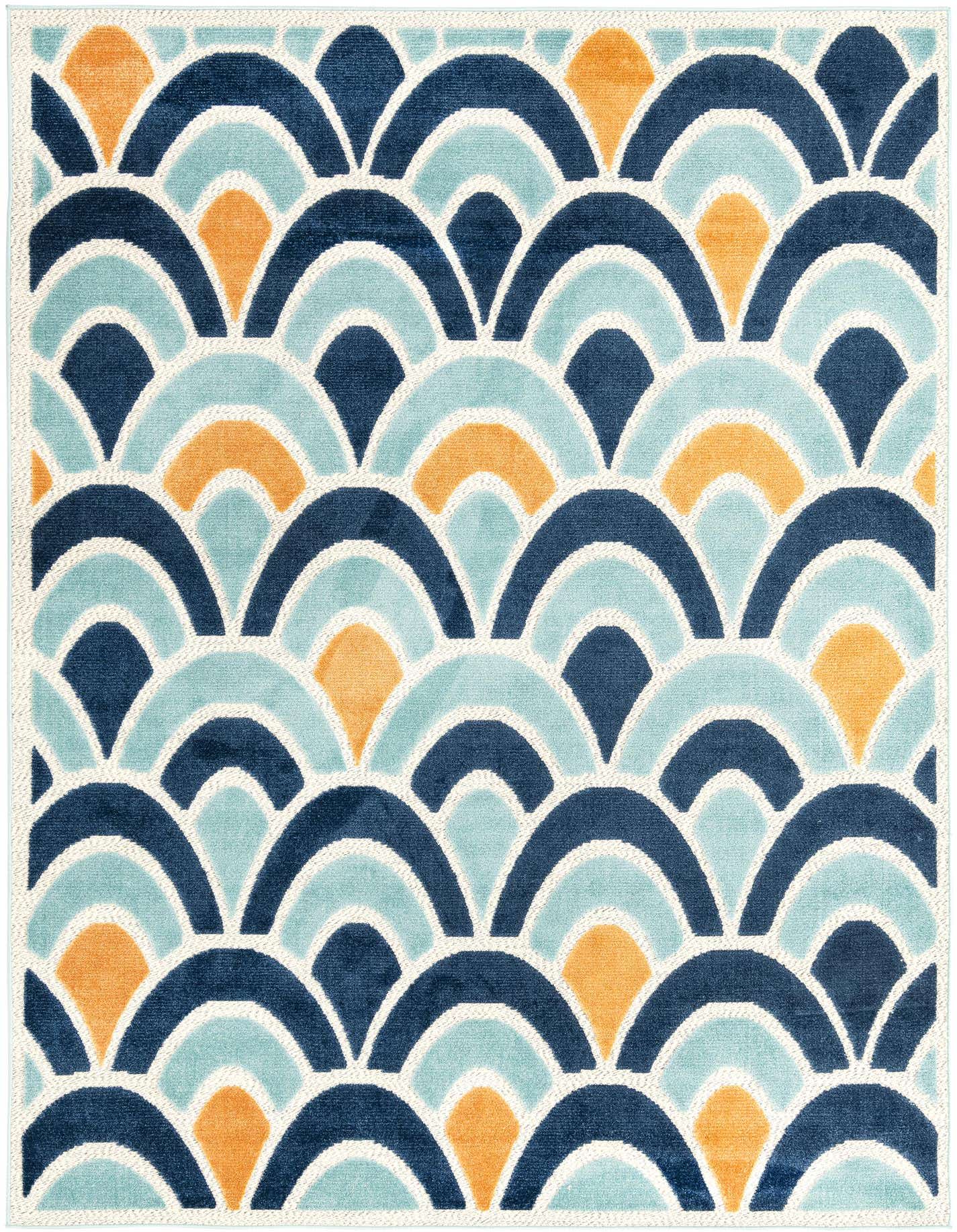 A 7x10 rectangular indoor/outdoor rug featuring a modern trellis pattern in shades of blue, light blue, and orange on a cream background.