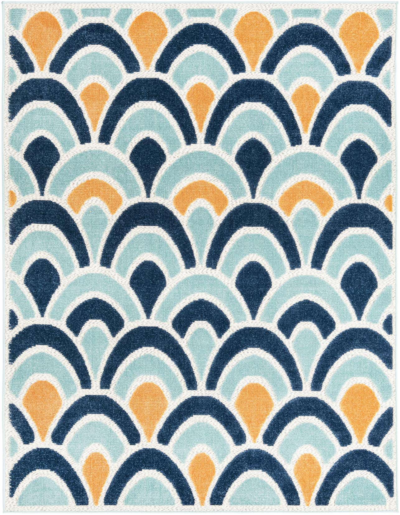 A 5x8 rectangular indoor/outdoor rug featuring a modern trellis pattern in shades of navy blue, light blue, and orange on a white background.